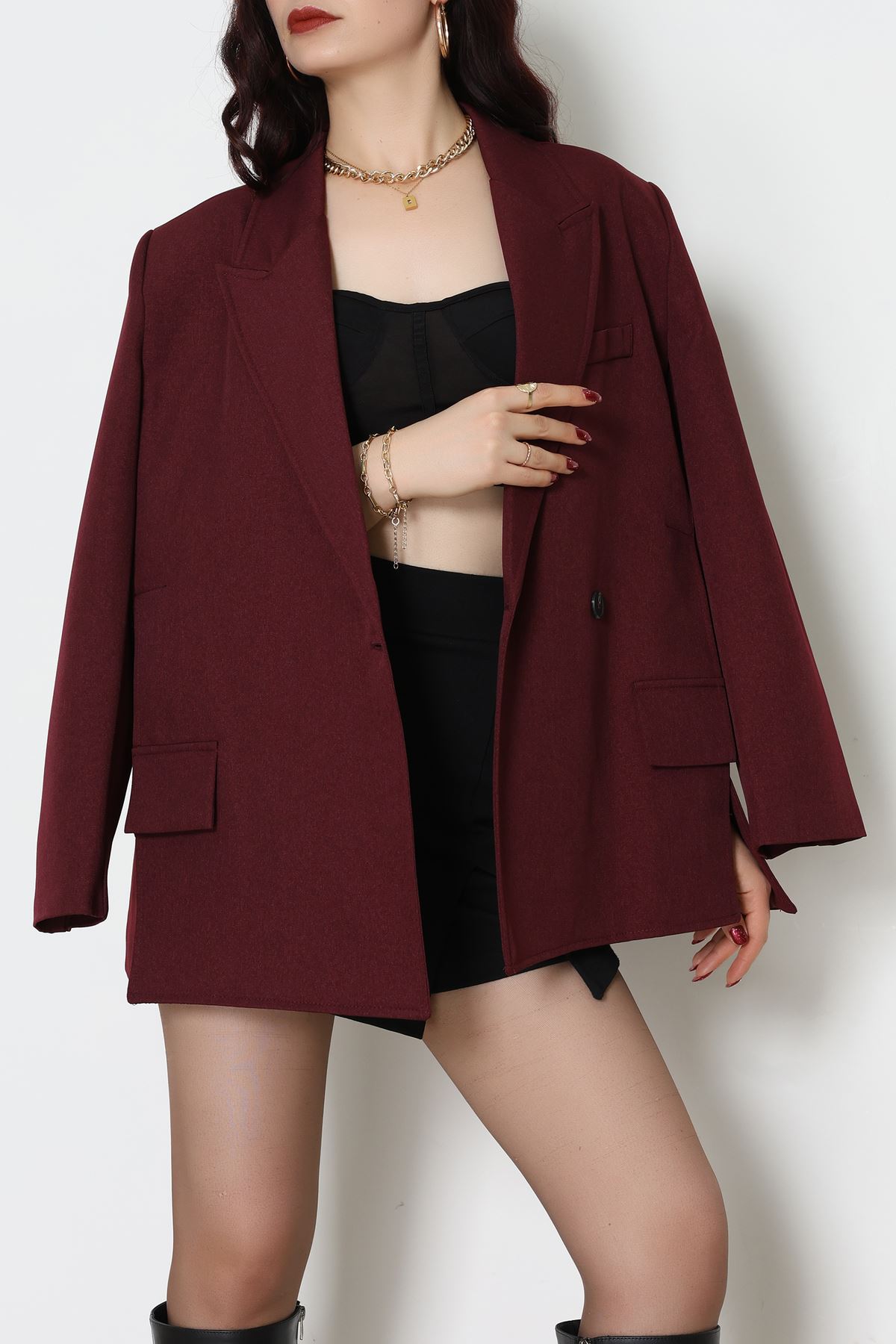 Yandan Yırtmaçlı Astarlı Blazer Ceket Bordo - 6326.001.