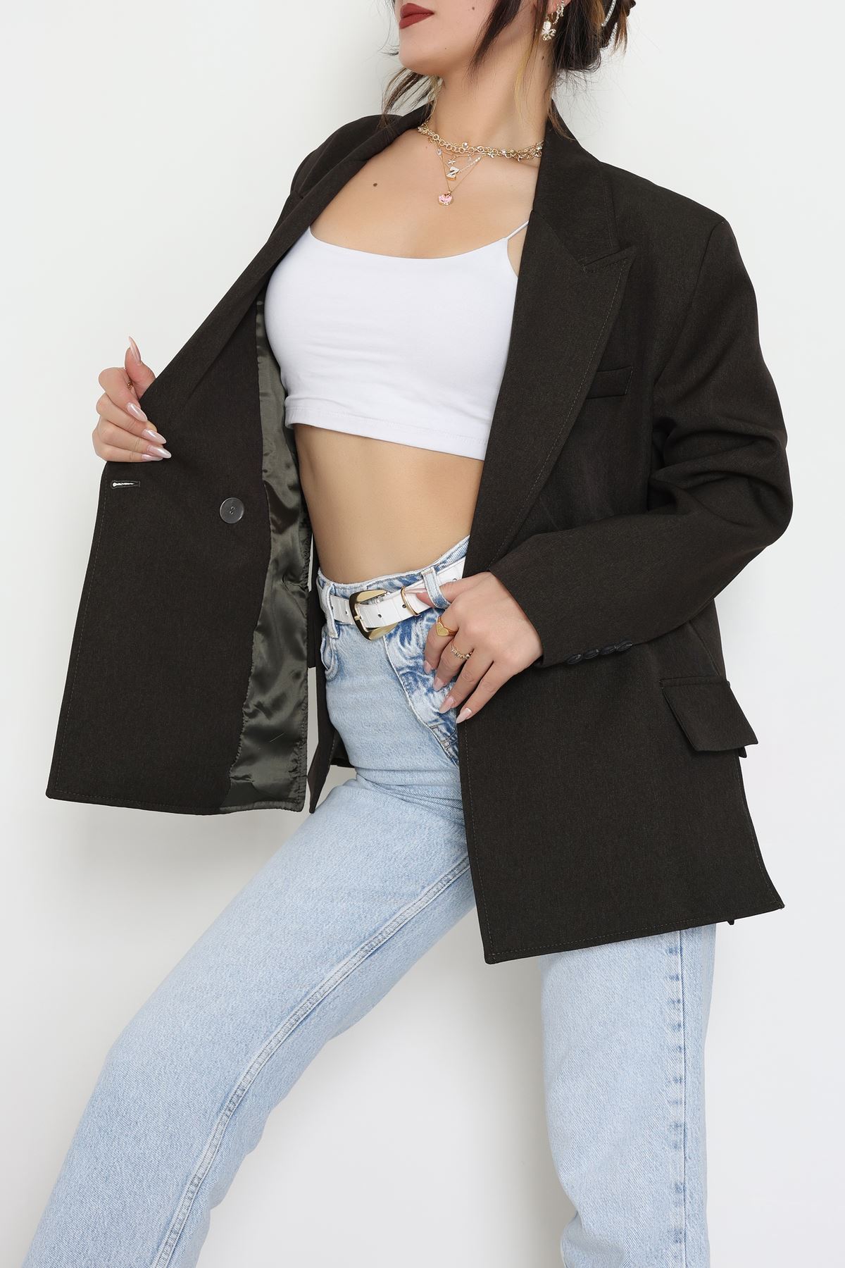 Yandan Yırtmaçlı Astarlı Blazer Ceket Haki - 6326.001.