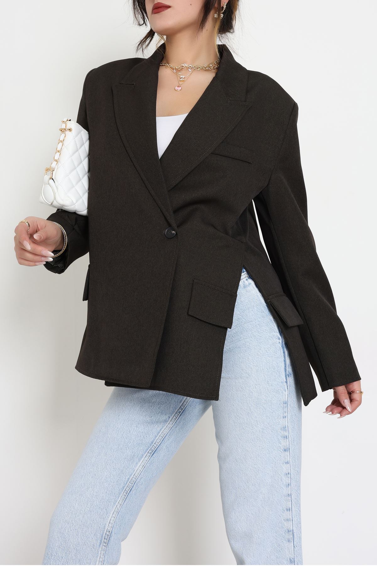 Yandan Yırtmaçlı Astarlı Blazer Ceket Haki - 6326.001.