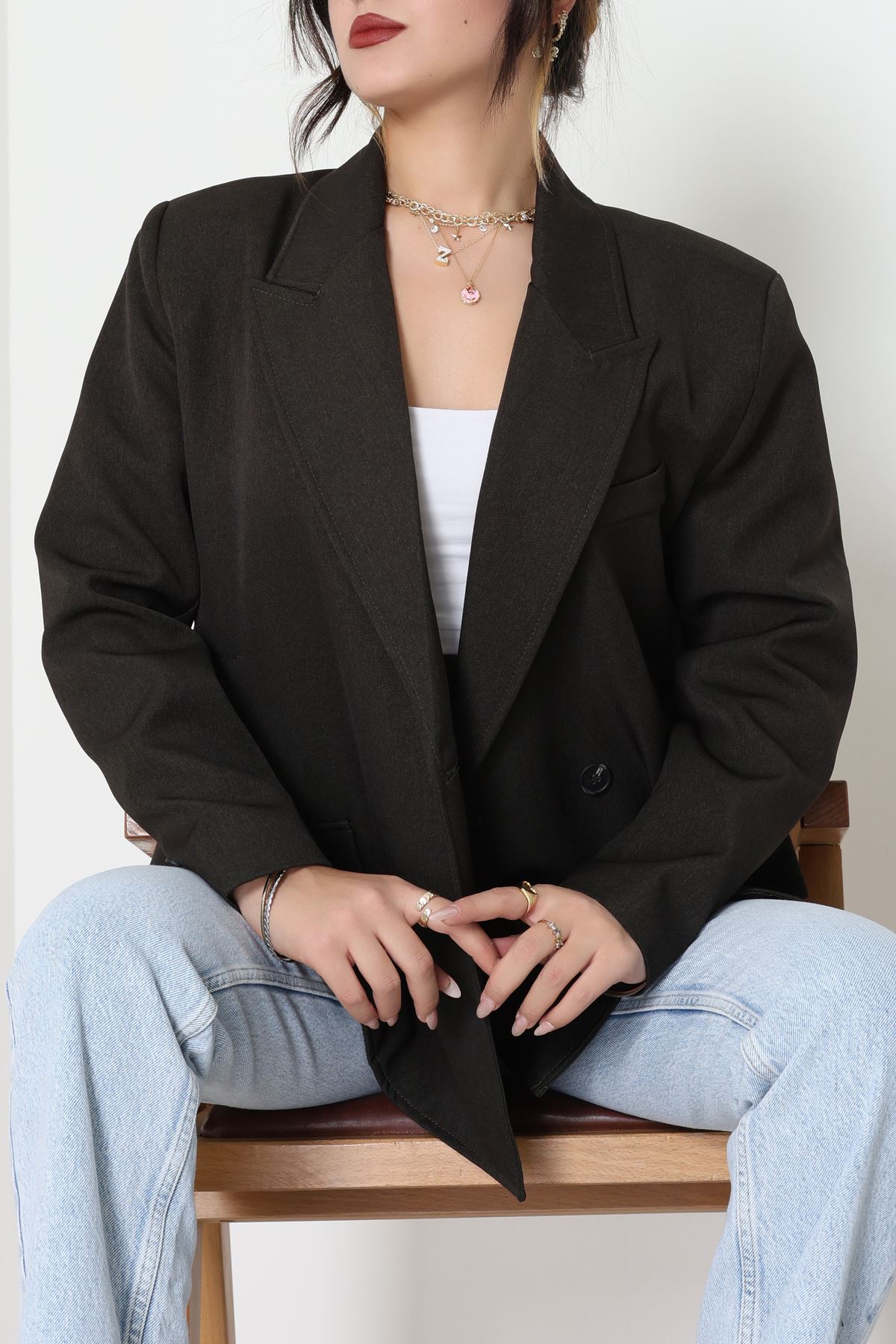 Yandan Yırtmaçlı Astarlı Blazer Ceket Haki - 6326.001.