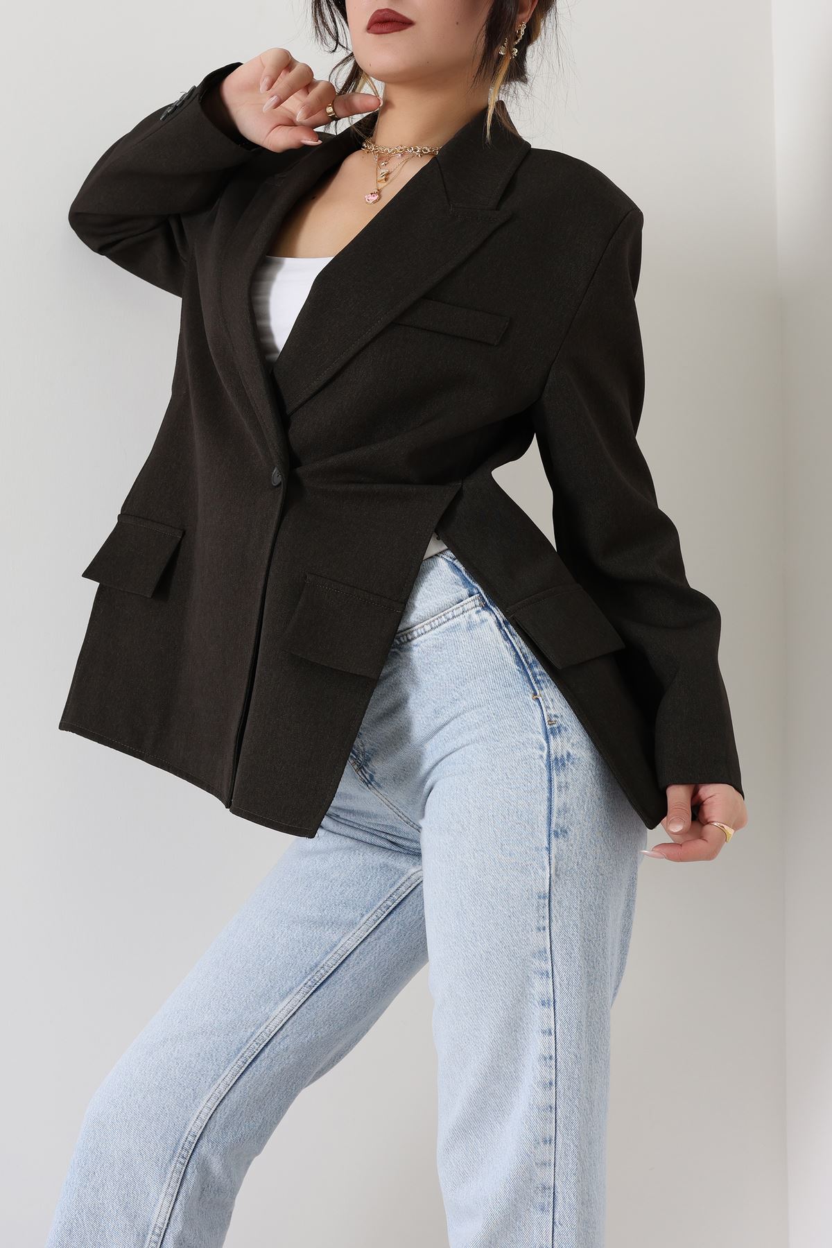 Yandan Yırtmaçlı Astarlı Blazer Ceket Haki - 6326.001.