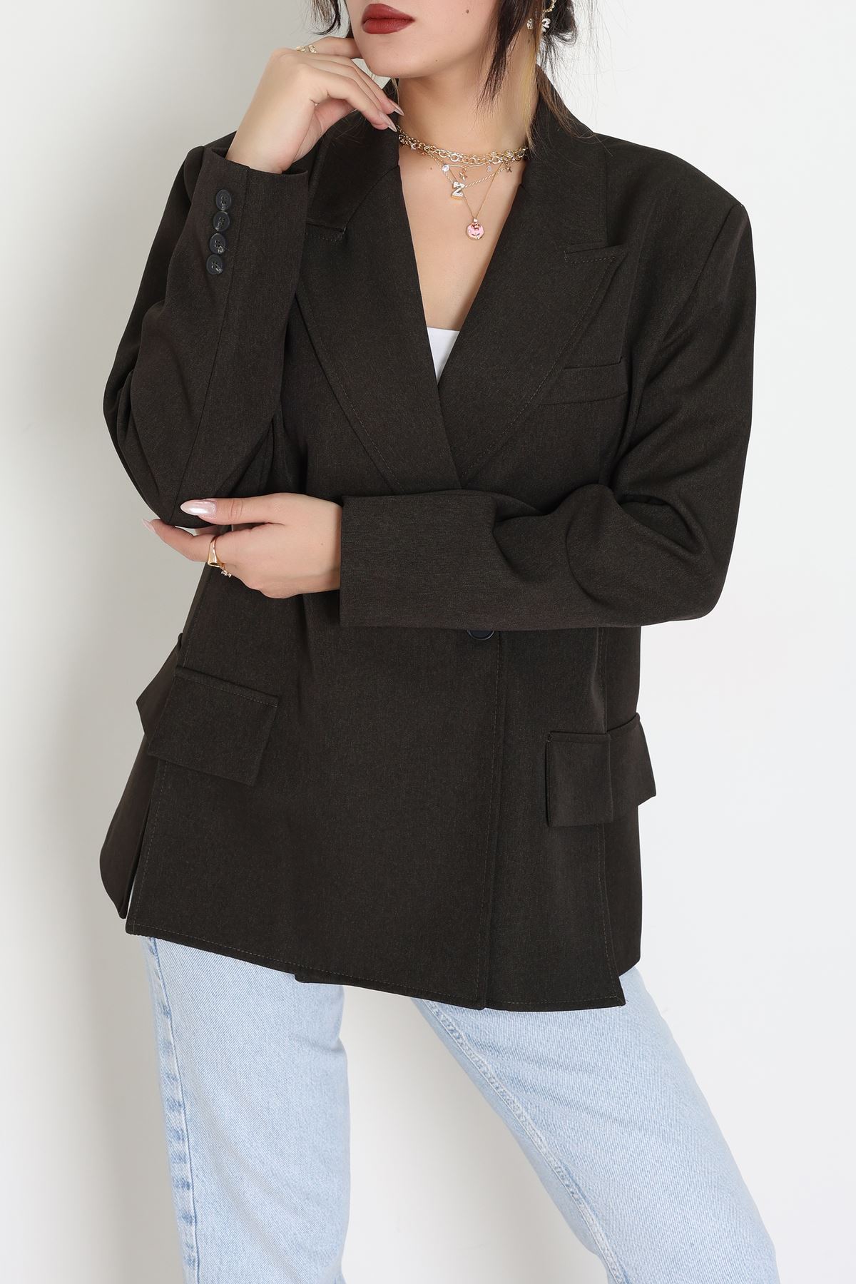 Yandan Yırtmaçlı Astarlı Blazer Ceket Haki - 6326.001.