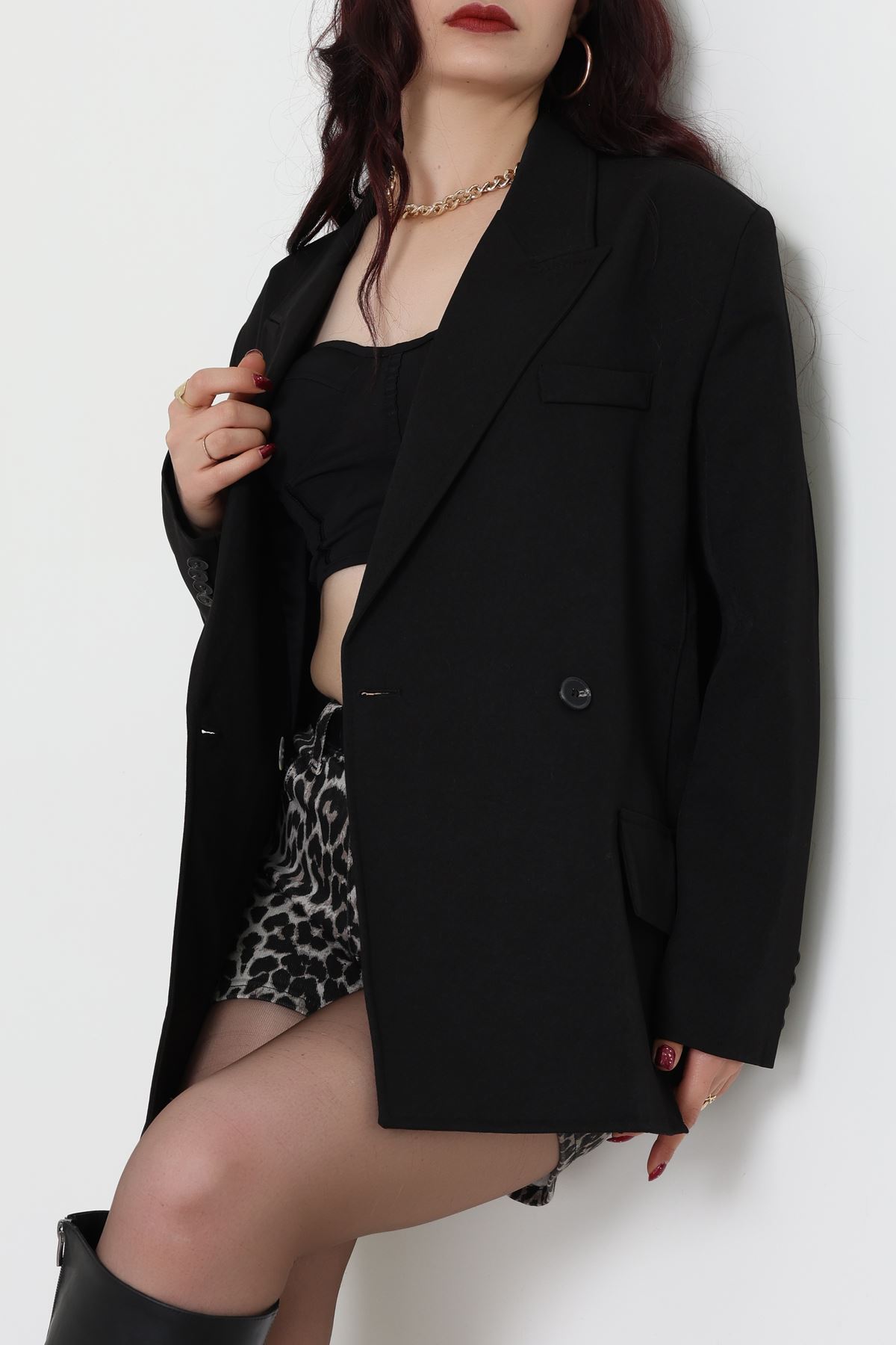 Yandan Yırtmaçlı Astarlı Blazer Ceket Siyah - 6326.001.