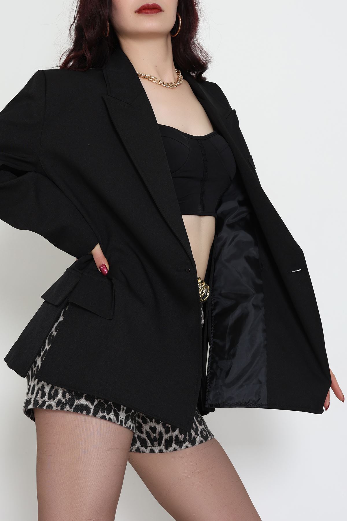 Yandan Yırtmaçlı Astarlı Blazer Ceket Siyah - 6326.001.
