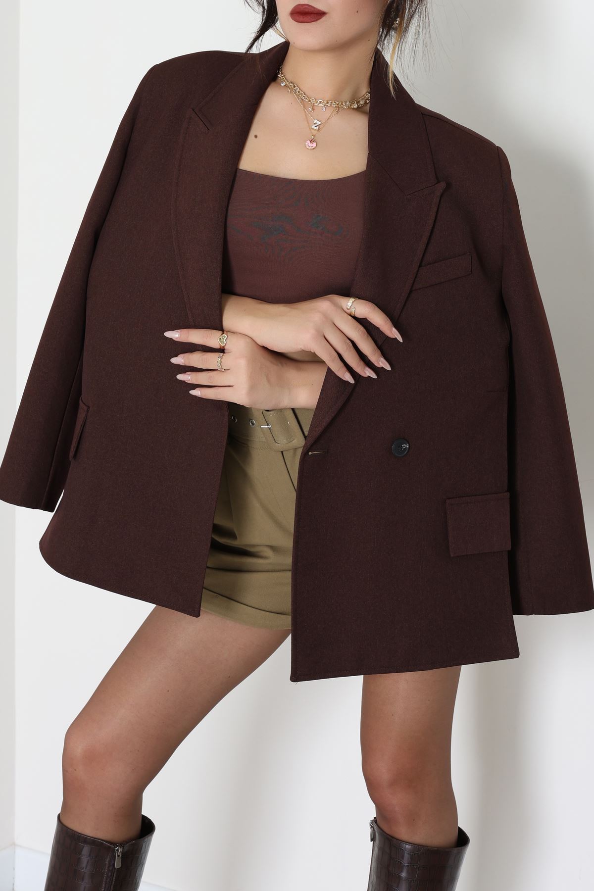 Yandan Yırtmaçlı Astarlı Blazer Ceket Kahverengi - 6326.001.
