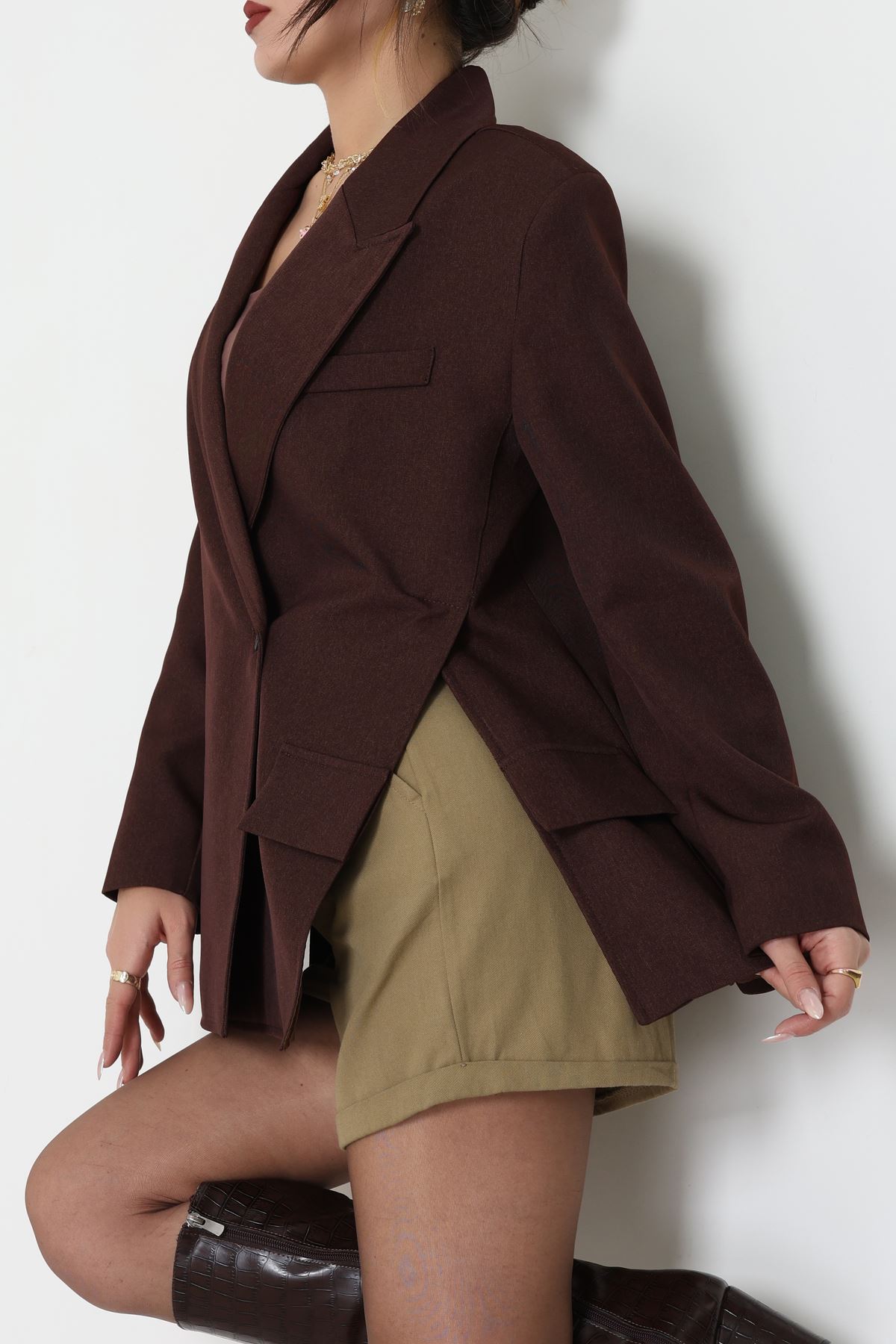 Yandan Yırtmaçlı Astarlı Blazer Ceket Kahverengi - 6326.001.