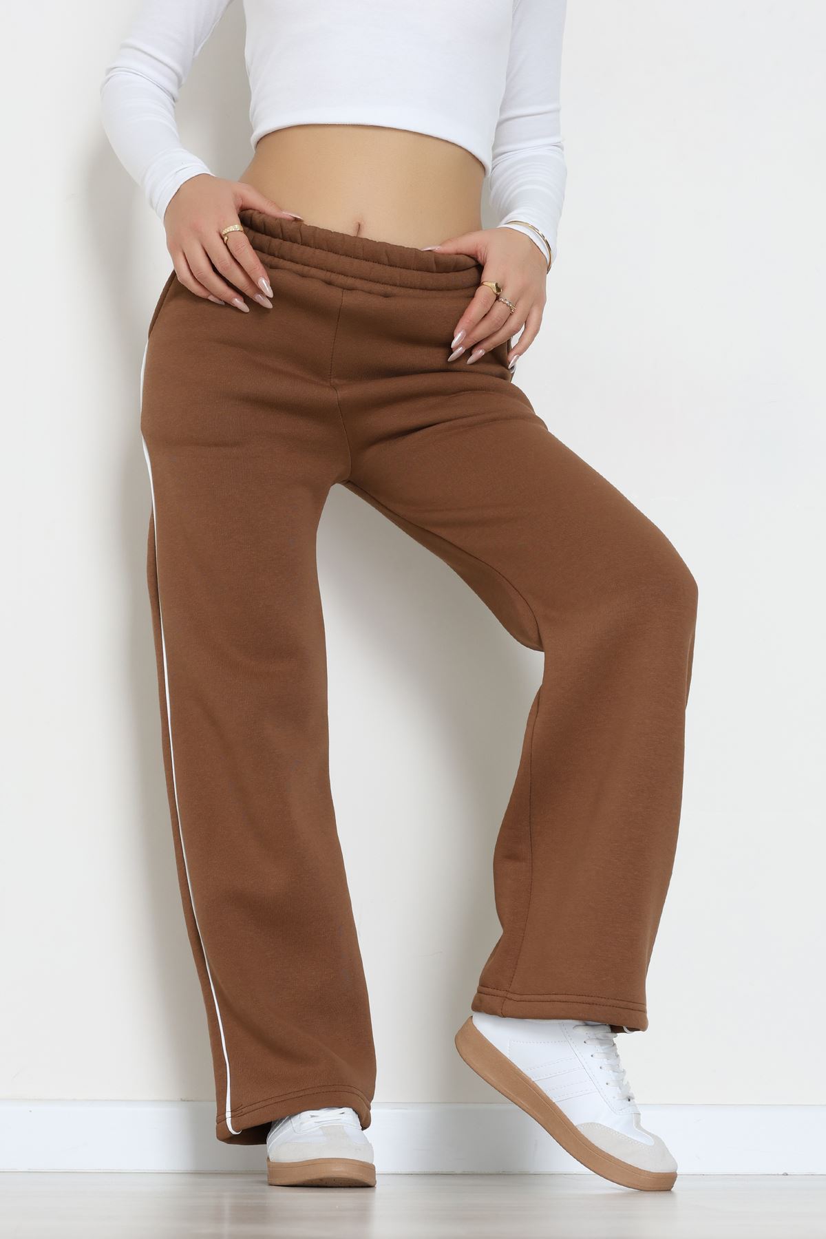 3 İplik Biyeli Palazzo Eşofman Altı Sütlükahve - 30104.1878.