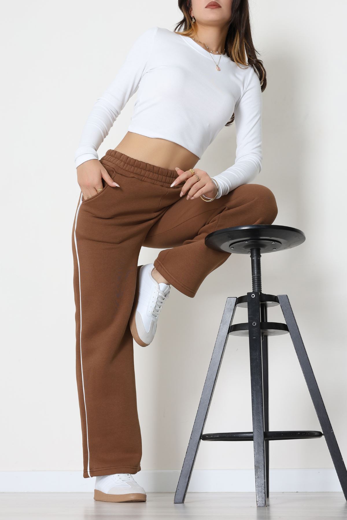 3 İplik Biyeli Palazzo Eşofman Altı Sütlükahve - 30104.1878.