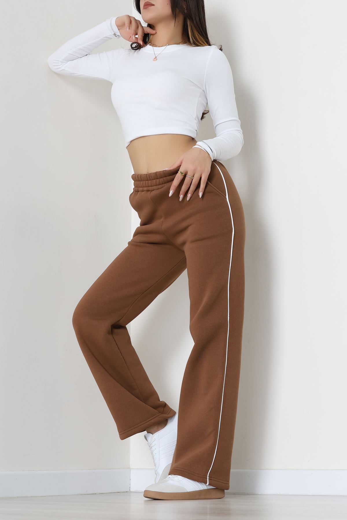 3 İplik Biyeli Palazzo Eşofman Altı Sütlükahve - 30104.1878.