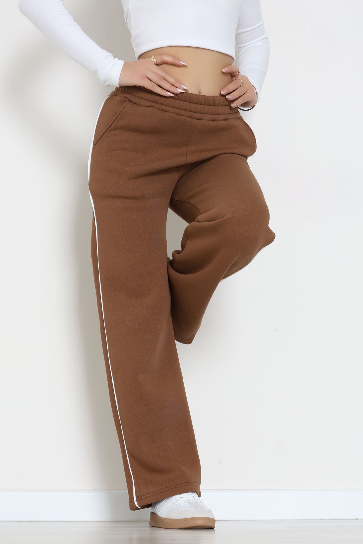 3 İplik Biyeli Palazzo Eşofman Altı Sütlükahve - 30104.1878.