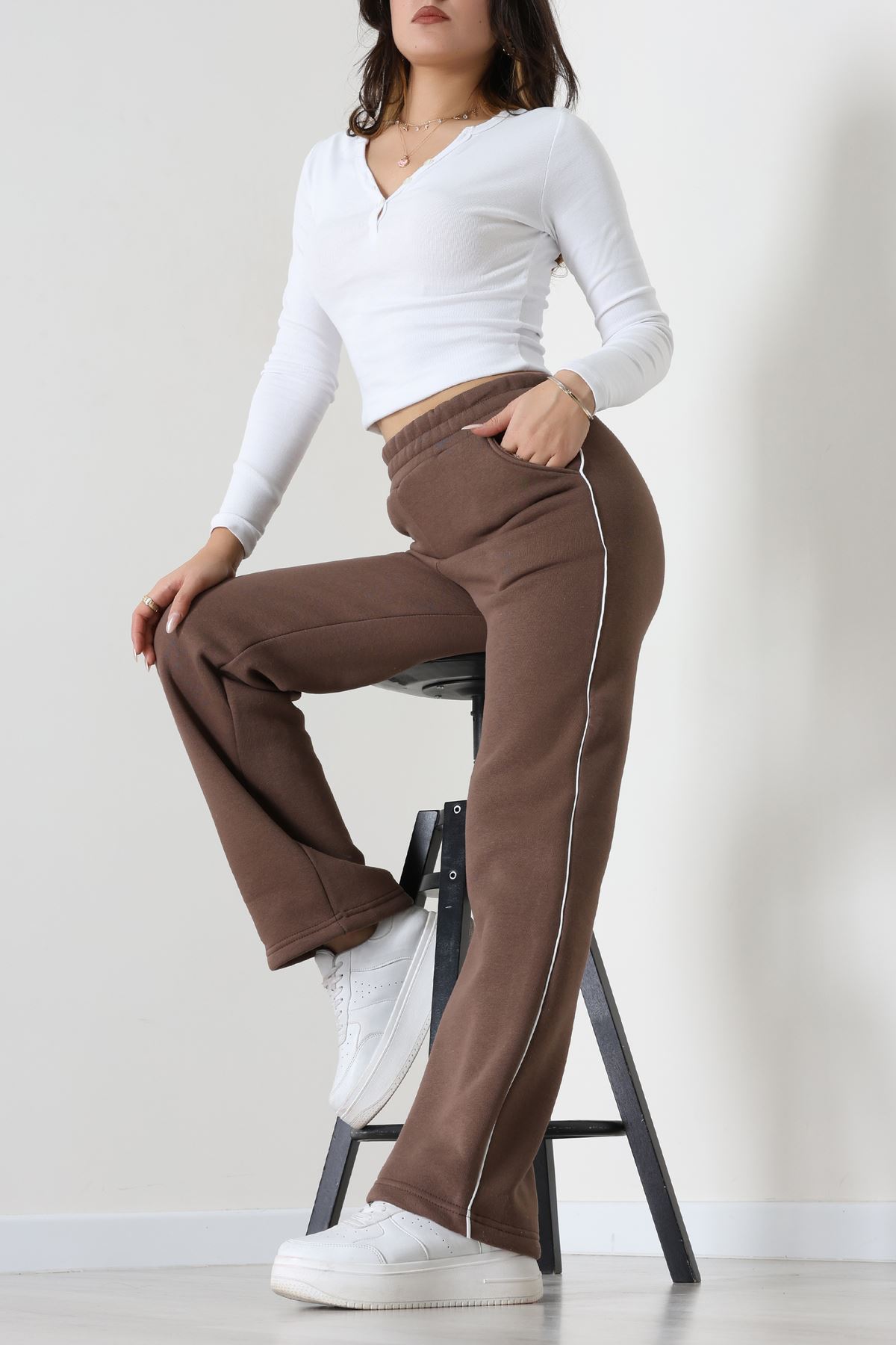 3 İplik Biyeli Palazzo Eşofman Altı Kahve2 - 30104.1878.