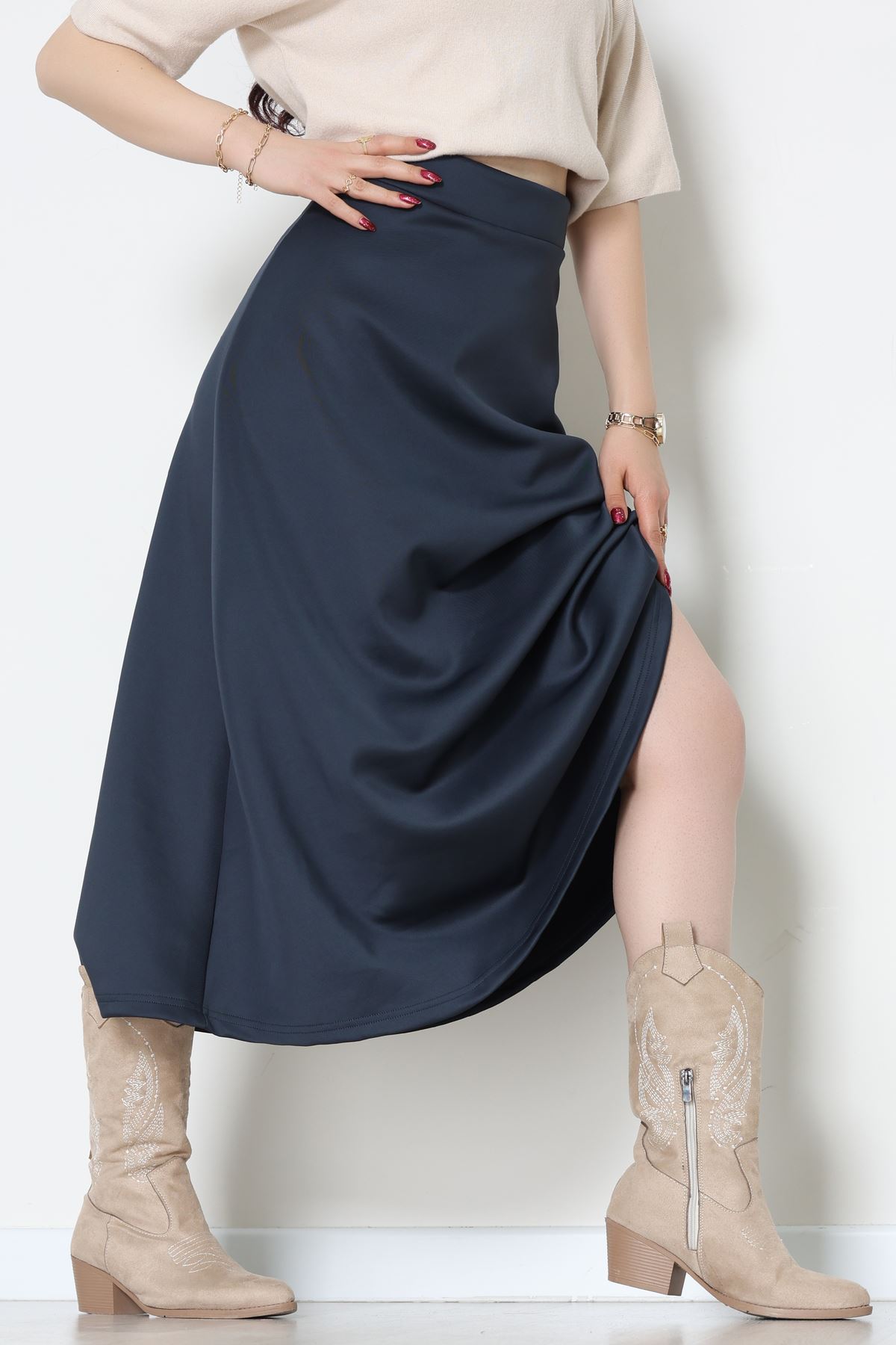 Puf Scuba Kumaş Uzun Etek Lacivert - 51104.1355.