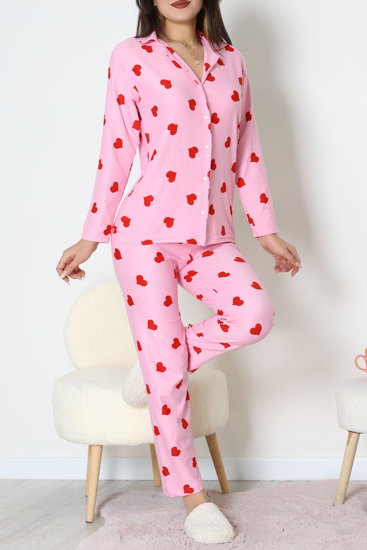 Süet Düğmeli Pijama Takımı Pembekalp - 52179.2124.
