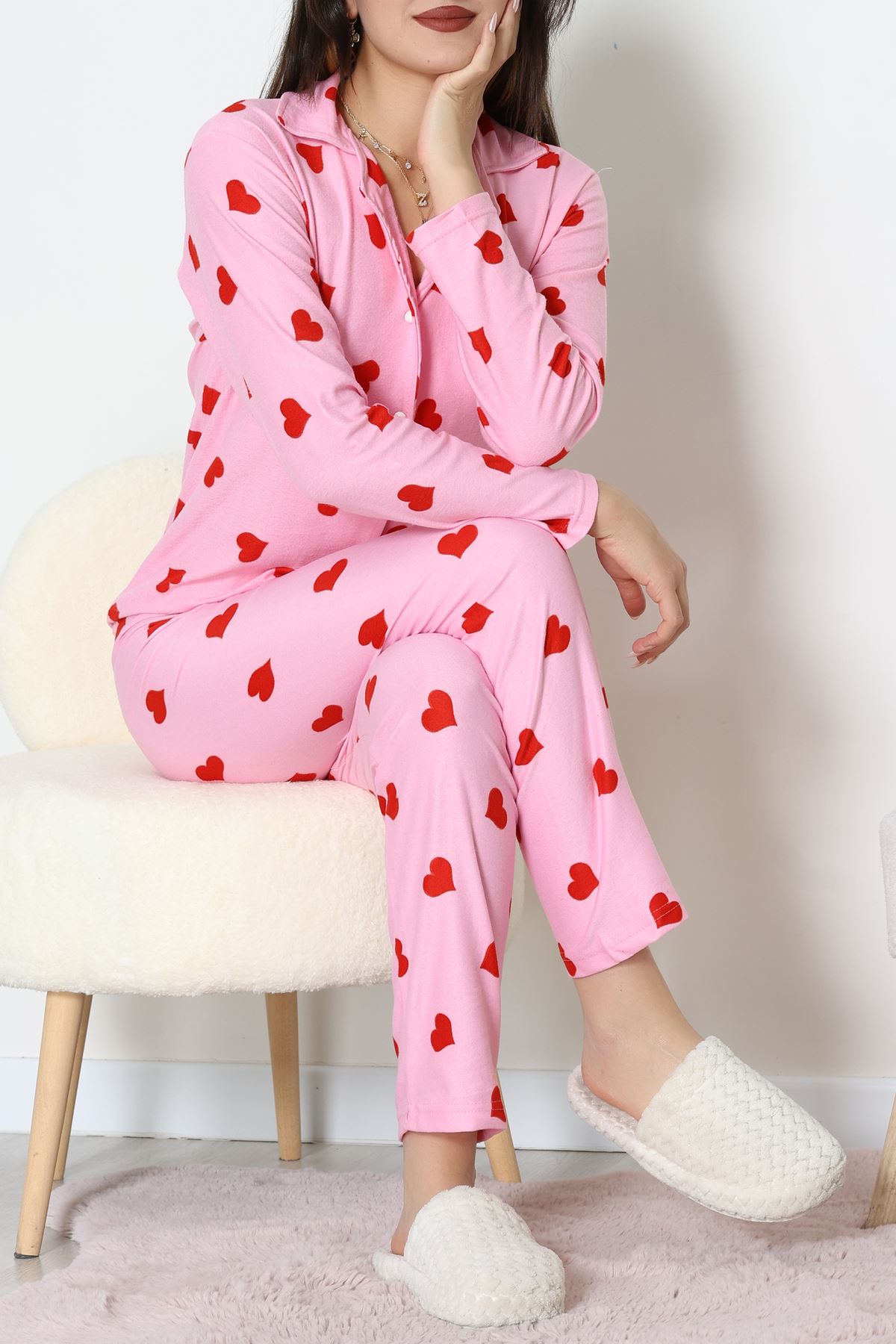 Süet Düğmeli Pijama Takımı Pembekalp - 52179.2124.