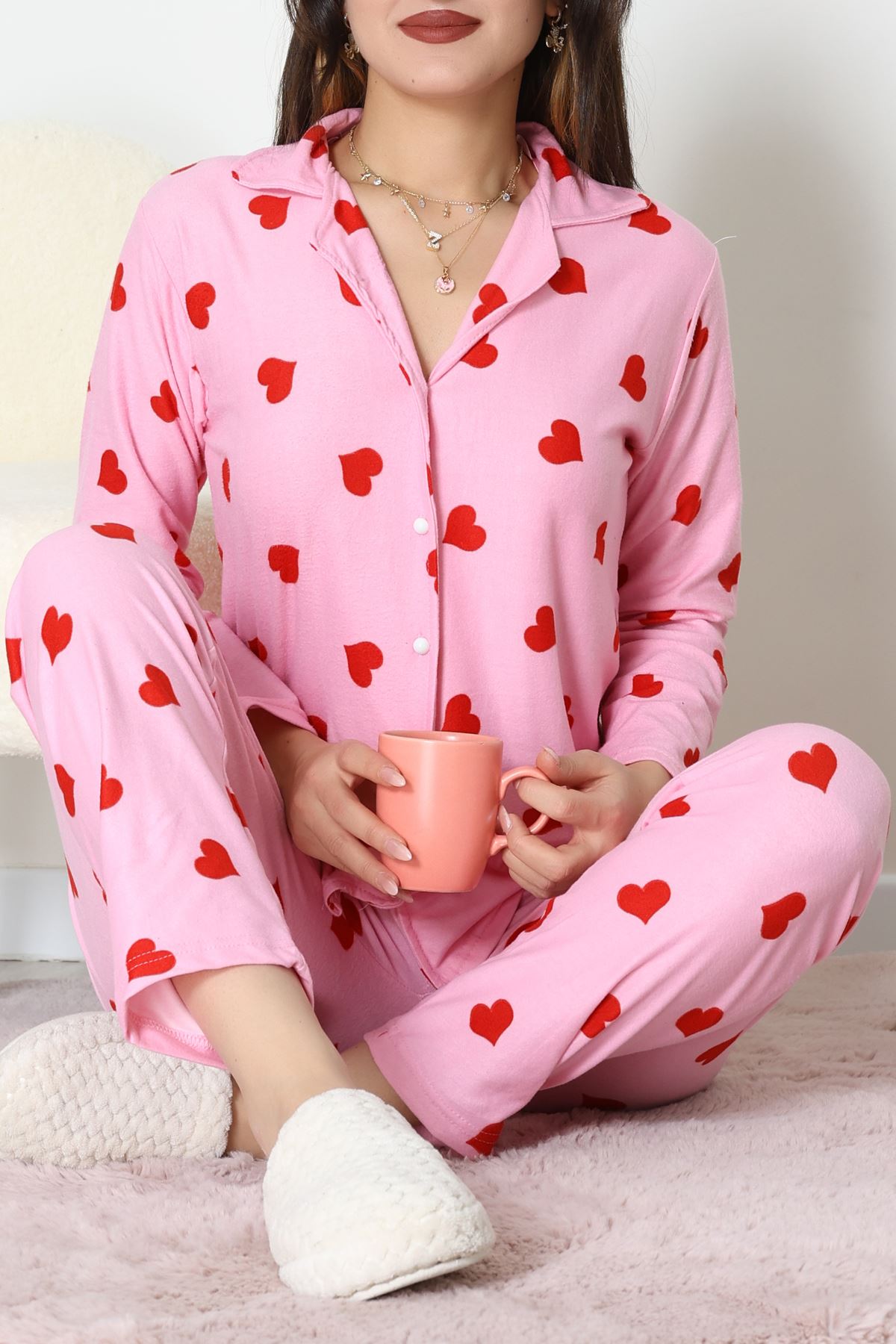 Süet Düğmeli Pijama Takımı Pembekalp - 52179.2124.