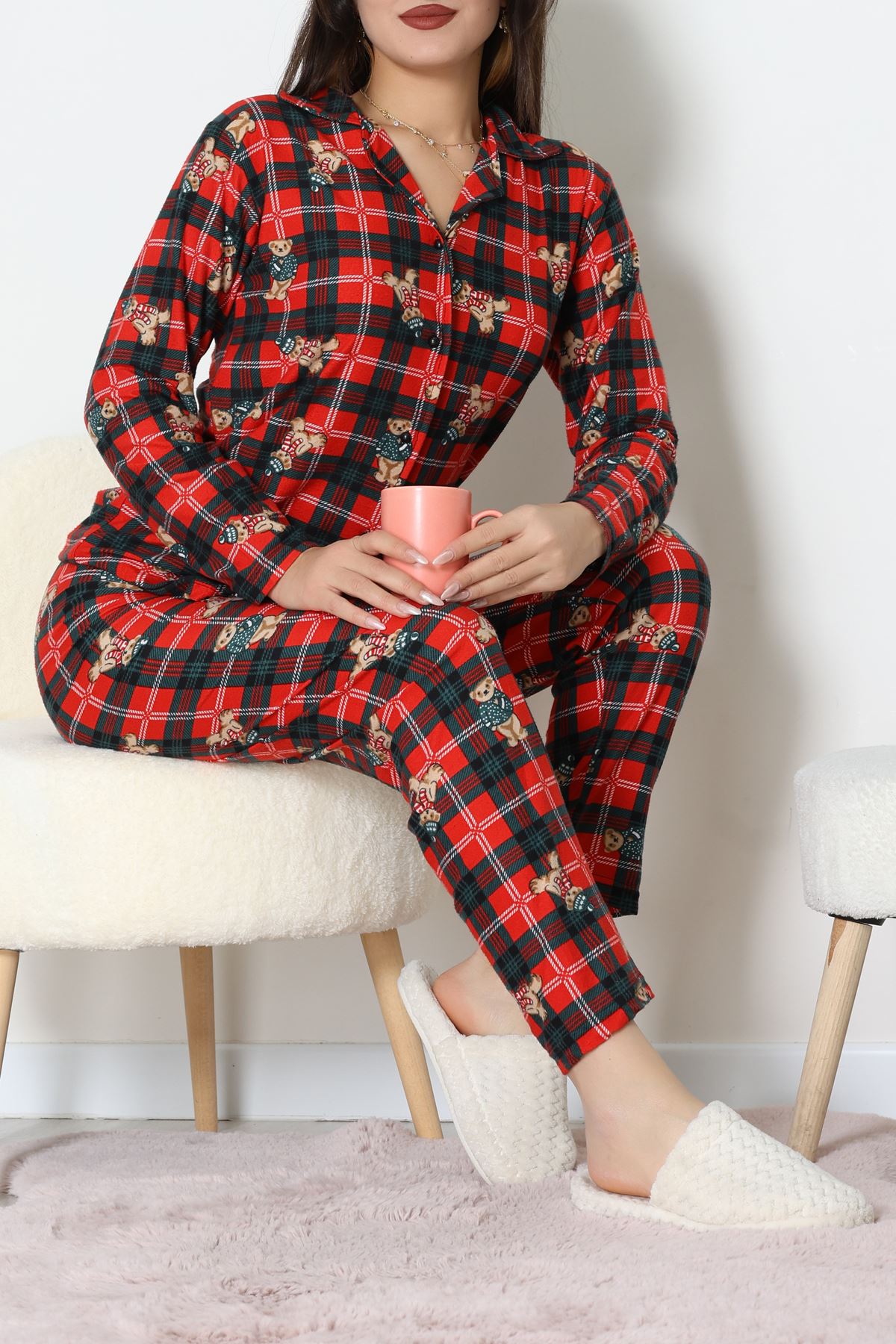 Süet Düğmeli Pijama Takımı Ekoseayı - 52179.2124.