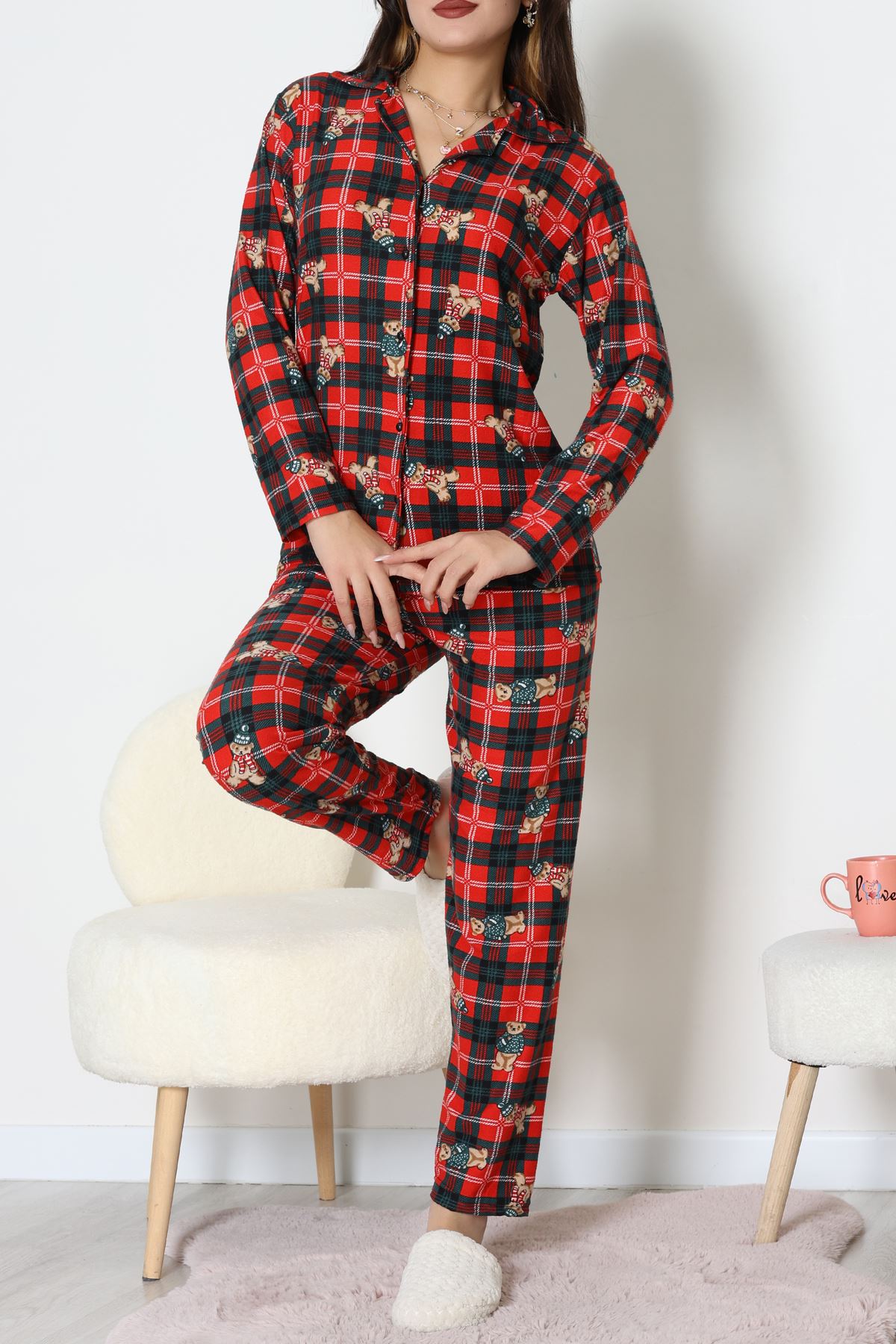 Süet Düğmeli Pijama Takımı Ekoseayı - 52179.2124.