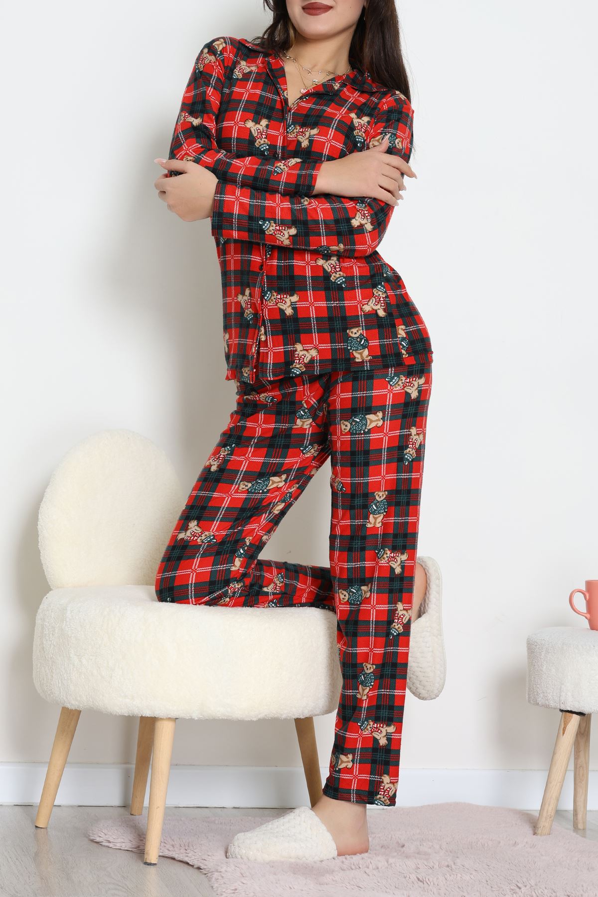 Süet Düğmeli Pijama Takımı Ekoseayı - 52179.2124.