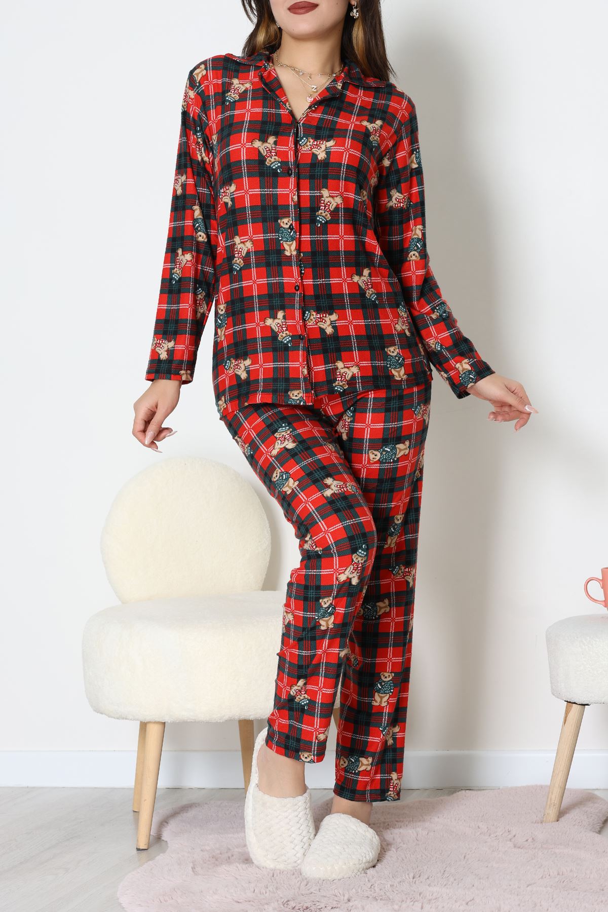 Süet Düğmeli Pijama Takımı Ekoseayı - 52179.2124.