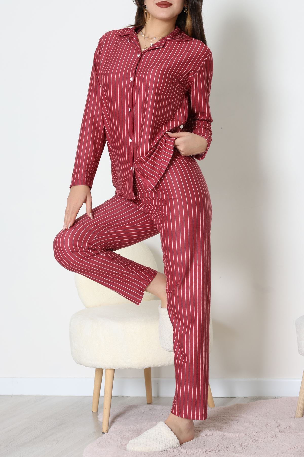 Süet Düğmeli Pijama Takımı Bordoçizgi - 52179.2124.