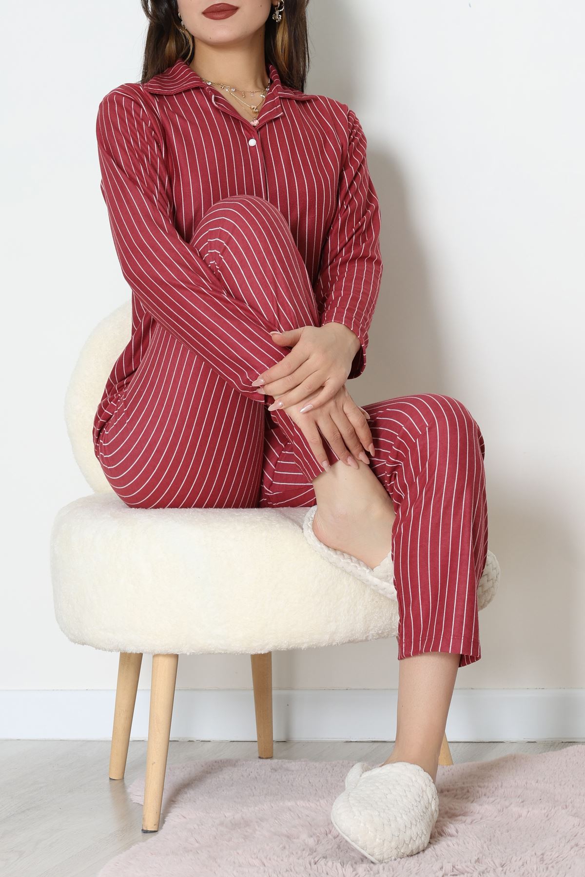 Süet Düğmeli Pijama Takımı Bordoçizgi - 52179.2124.