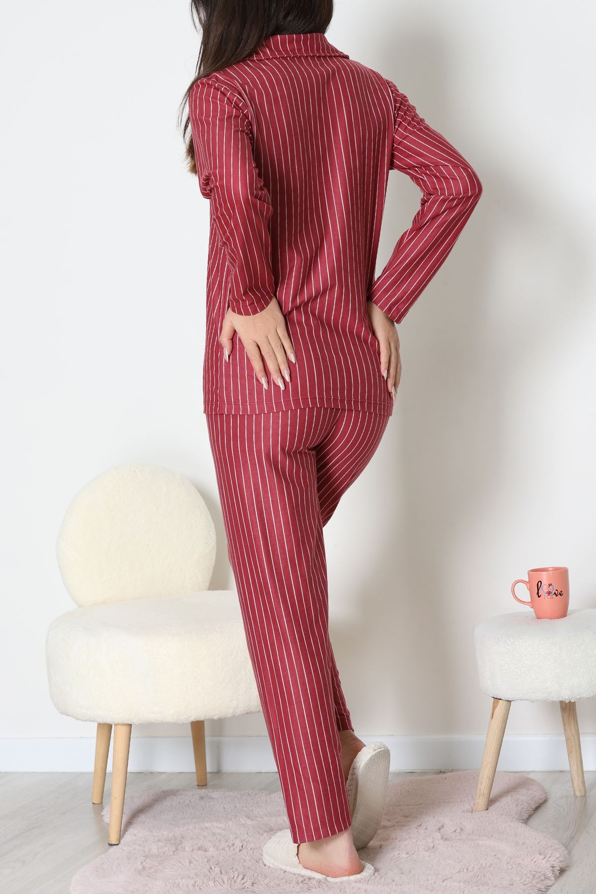 Süet Düğmeli Pijama Takımı Bordoçizgi - 52179.2124.