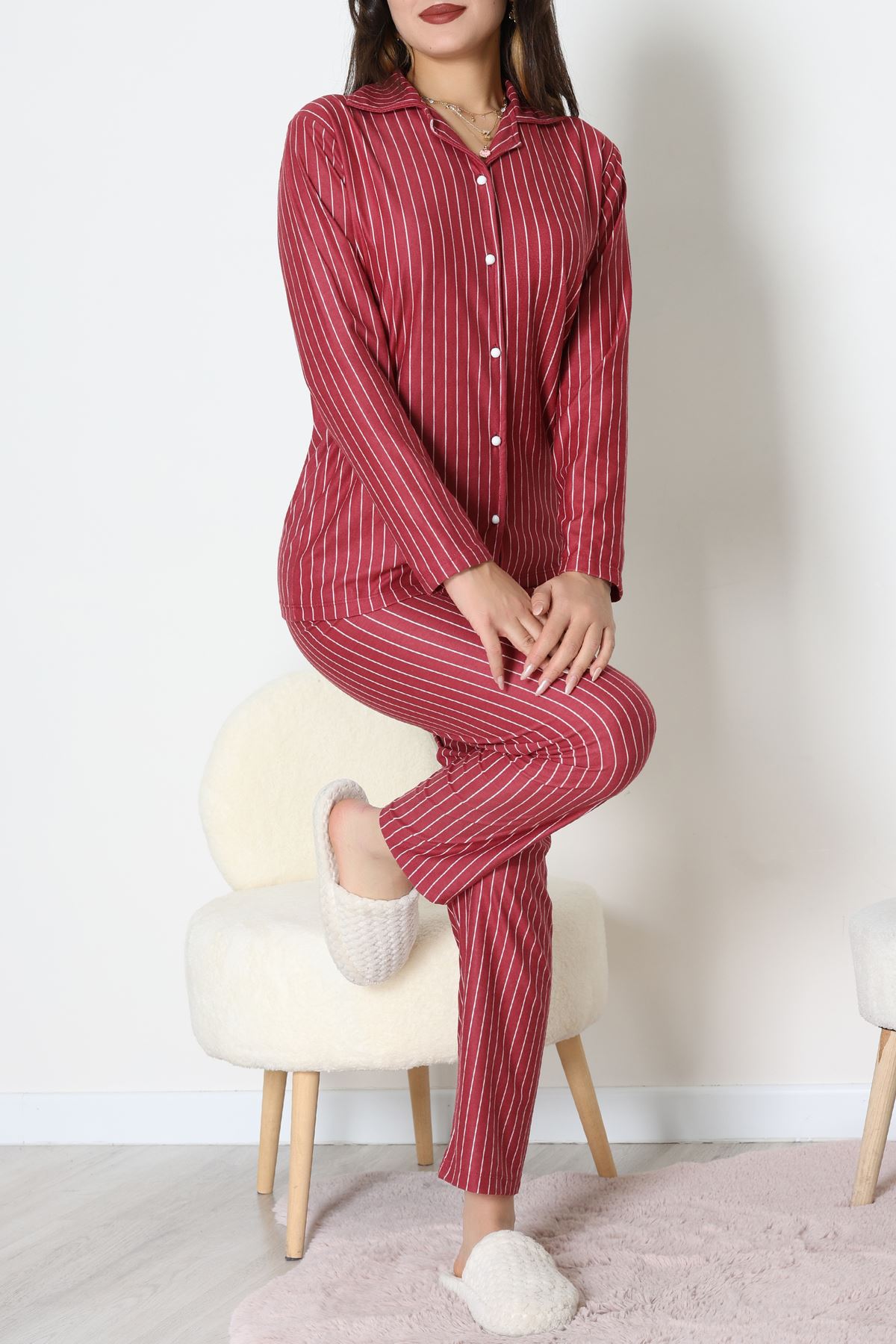 Süet Düğmeli Pijama Takımı Bordoçizgi - 52179.2124.