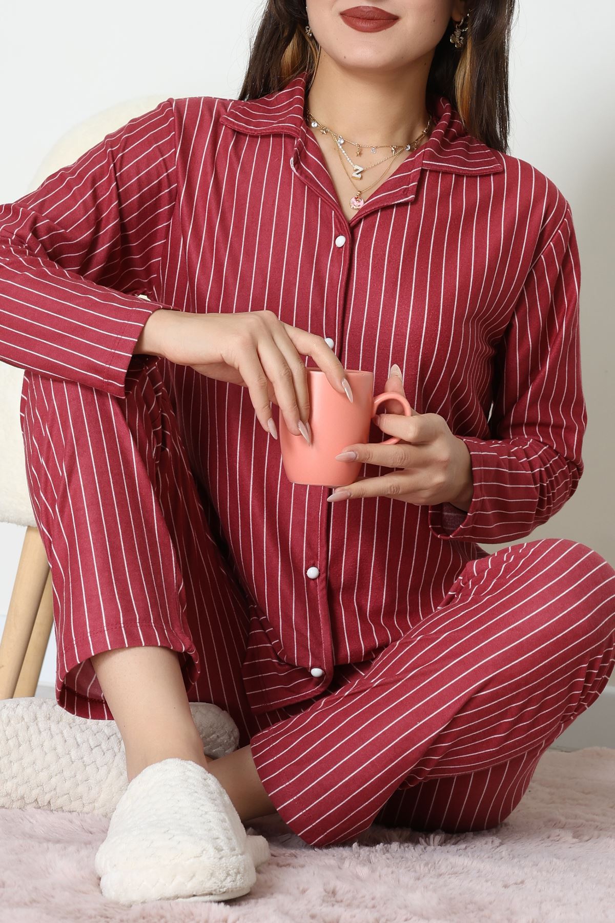 Süet Düğmeli Pijama Takımı Bordoçizgi - 52179.2124.