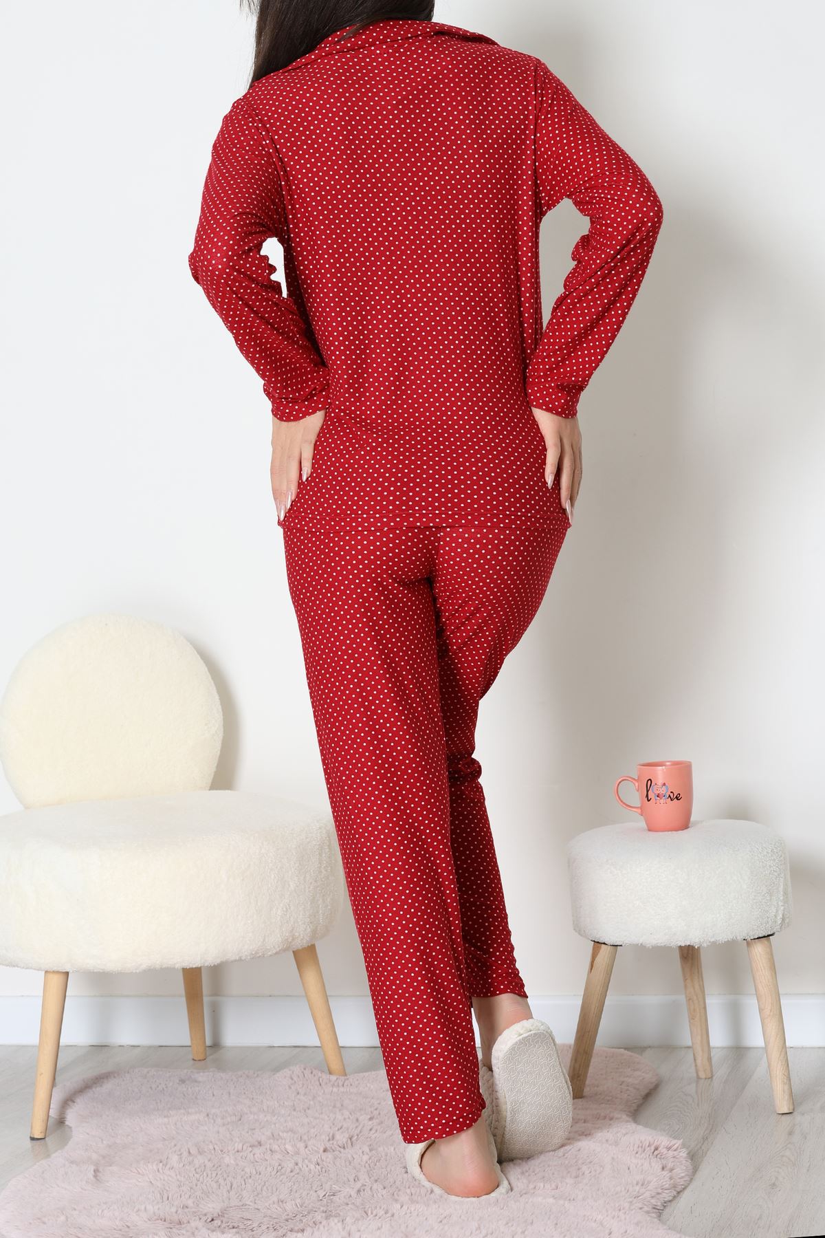 Süet Düğmeli Pijama Takımı Bordopuanlı - 52179.2124.