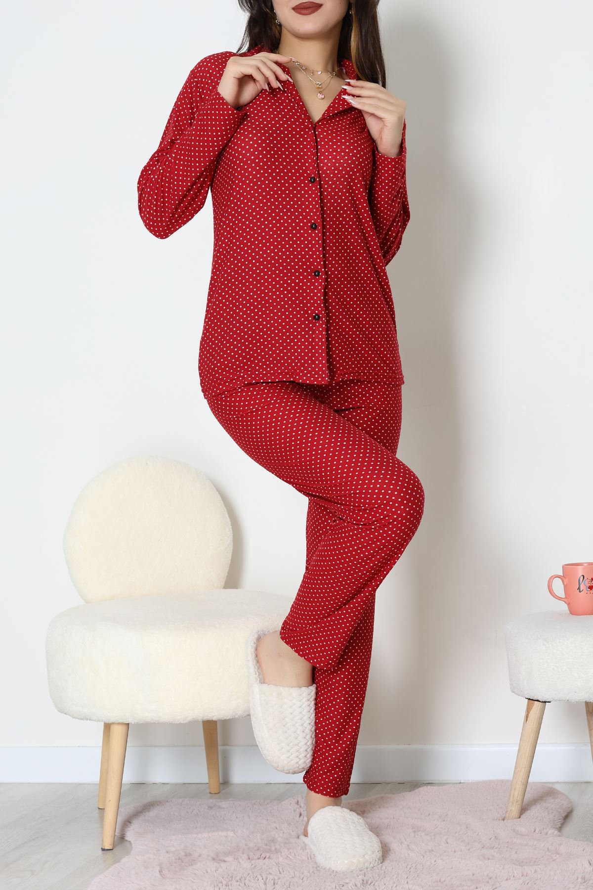 Süet Düğmeli Pijama Takımı Bordopuanlı - 52179.2124.