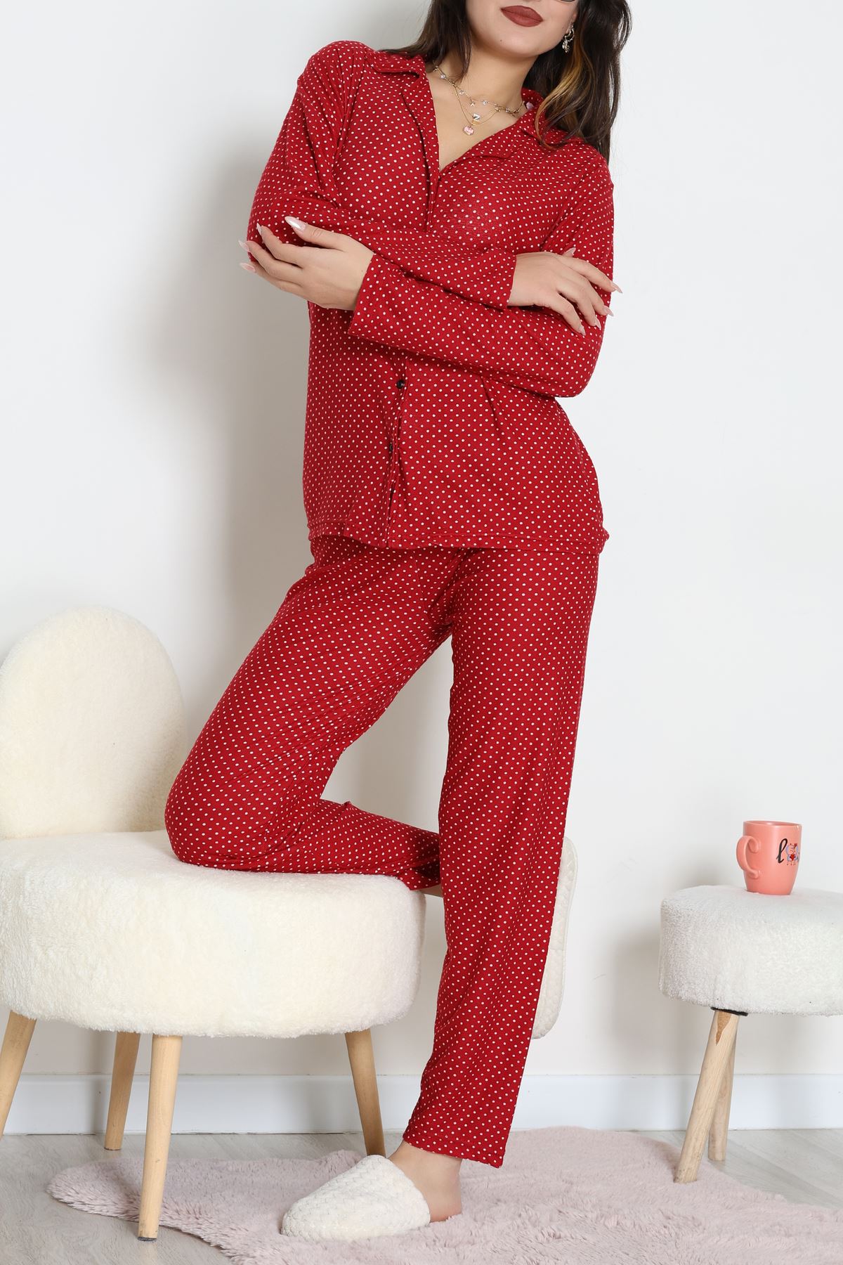 Süet Düğmeli Pijama Takımı Bordopuanlı - 52179.2124.