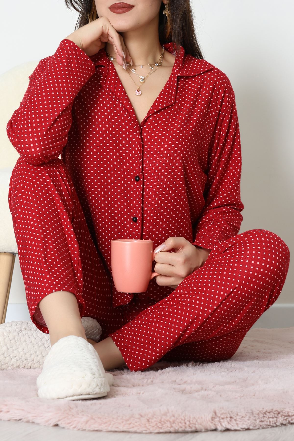 Süet Düğmeli Pijama Takımı Bordopuanlı - 52179.2124.