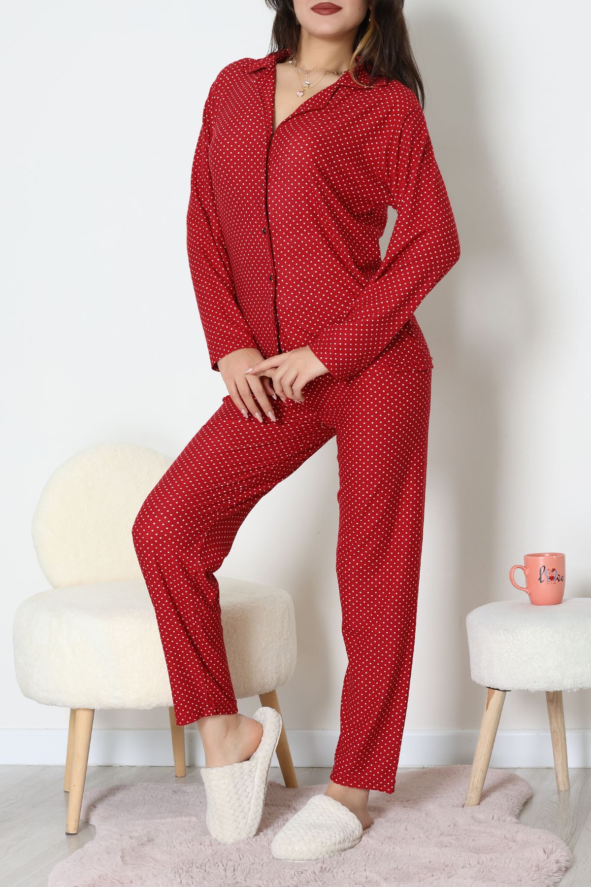 Süet Düğmeli Pijama Takımı Bordopuanlı - 52179.2124.