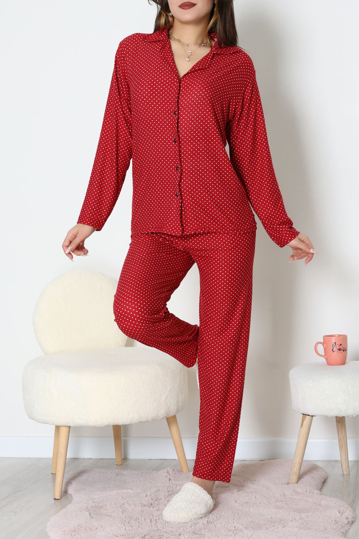 Süet Düğmeli Pijama Takımı Bordopuanlı - 52179.2124.