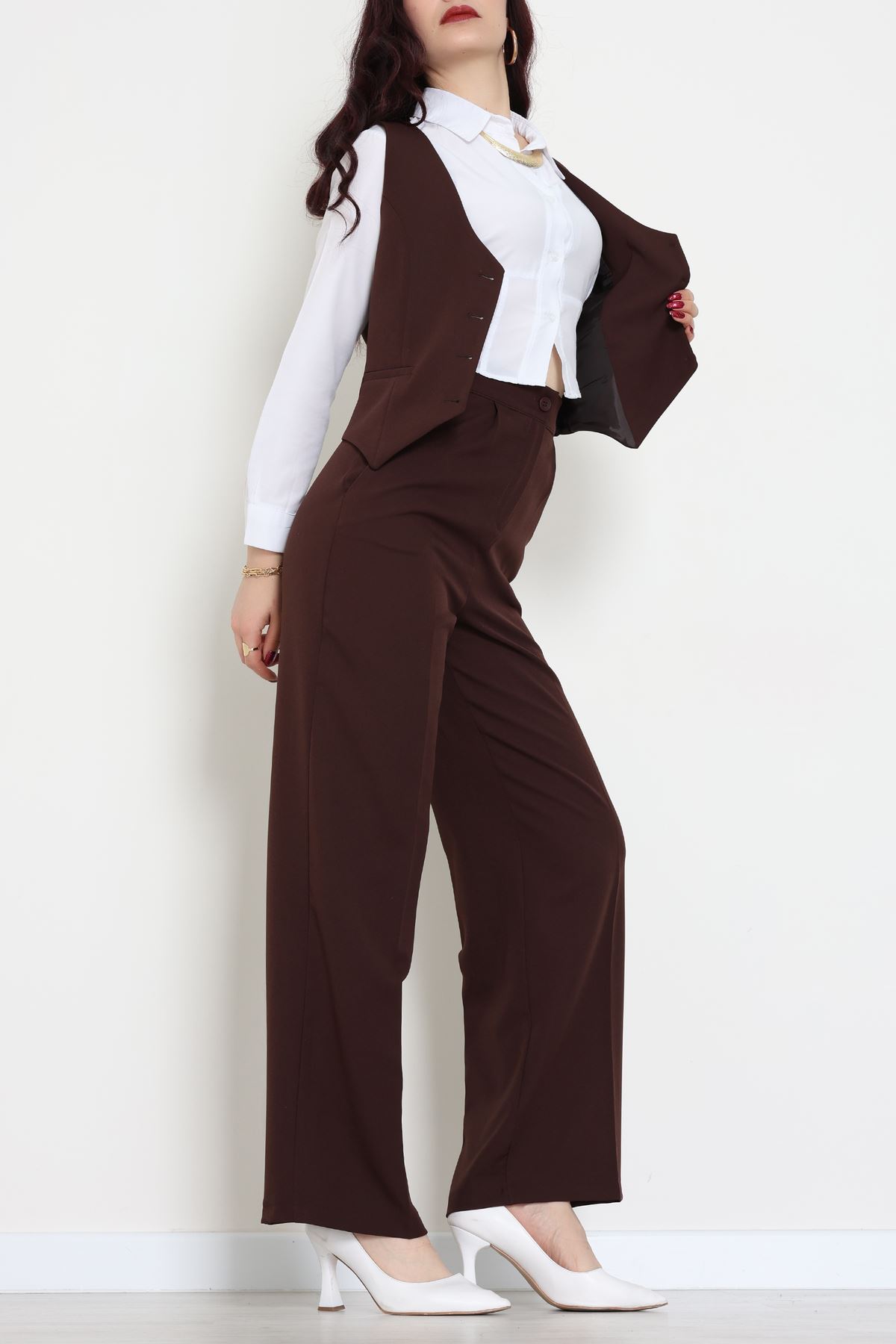 Dabıl Kumaş Fleto Cep Yelek Pantolon İkili Takım Kahve - 70878.1991.