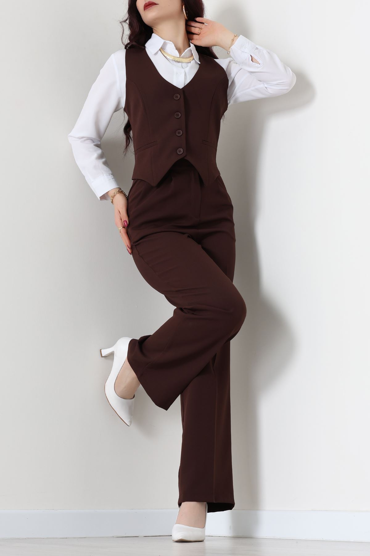 Dabıl Kumaş Fleto Cep Yelek Pantolon İkili Takım Kahve - 70878.1991.