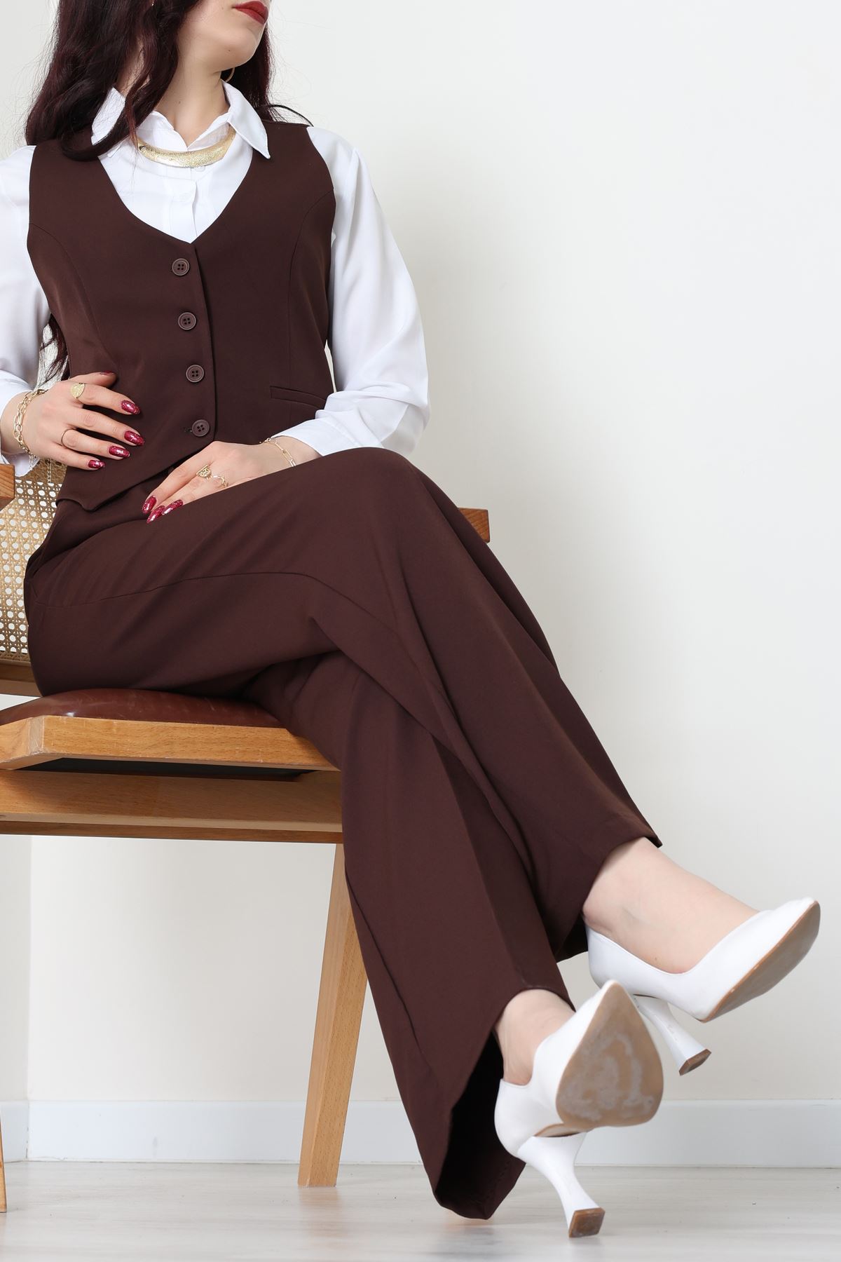 Dabıl Kumaş Fleto Cep Yelek Pantolon İkili Takım Kahve - 70878.1991.