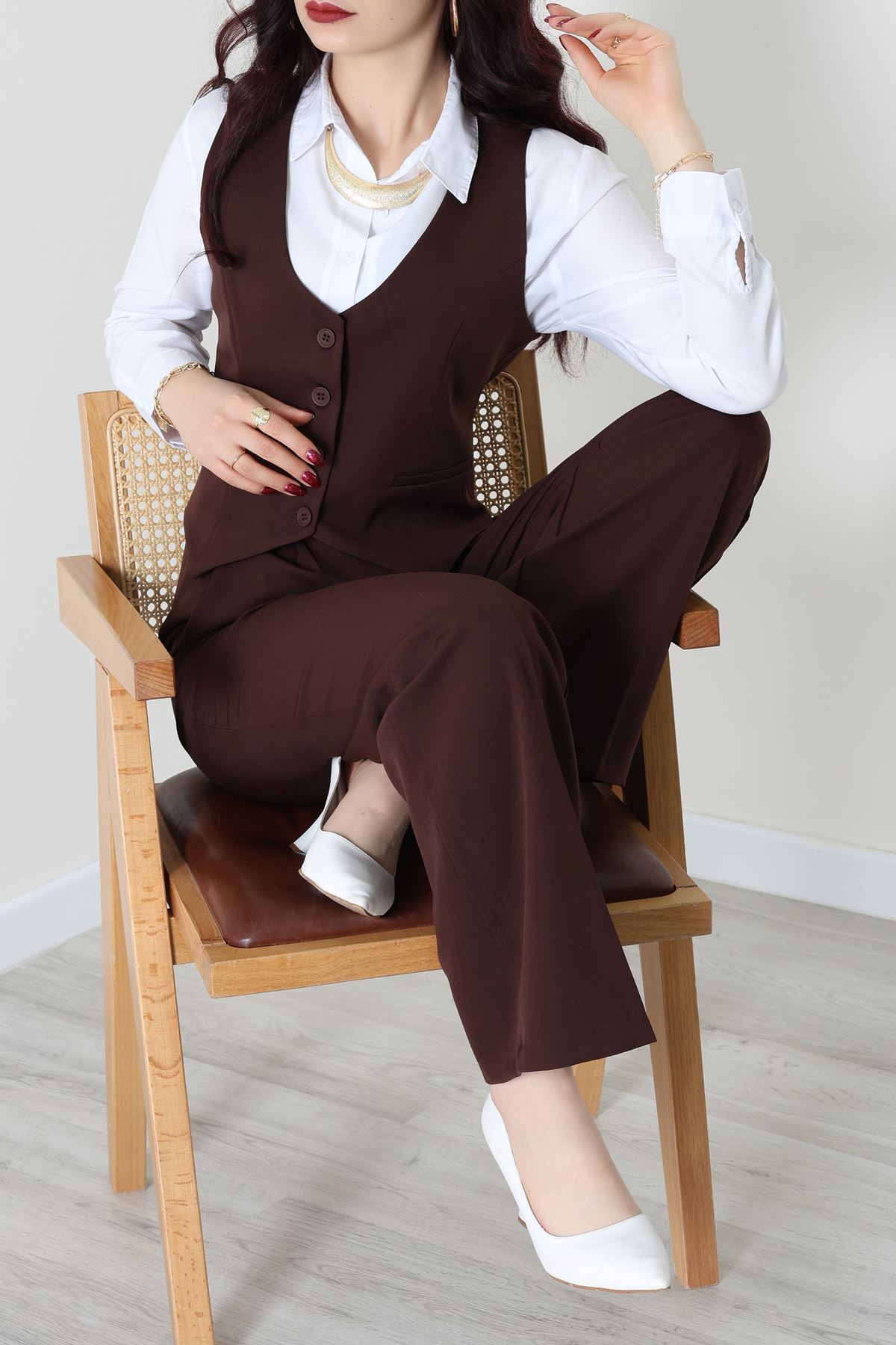 Dabıl Kumaş Fleto Cep Yelek Pantolon İkili Takım Kahve - 70878.1991.