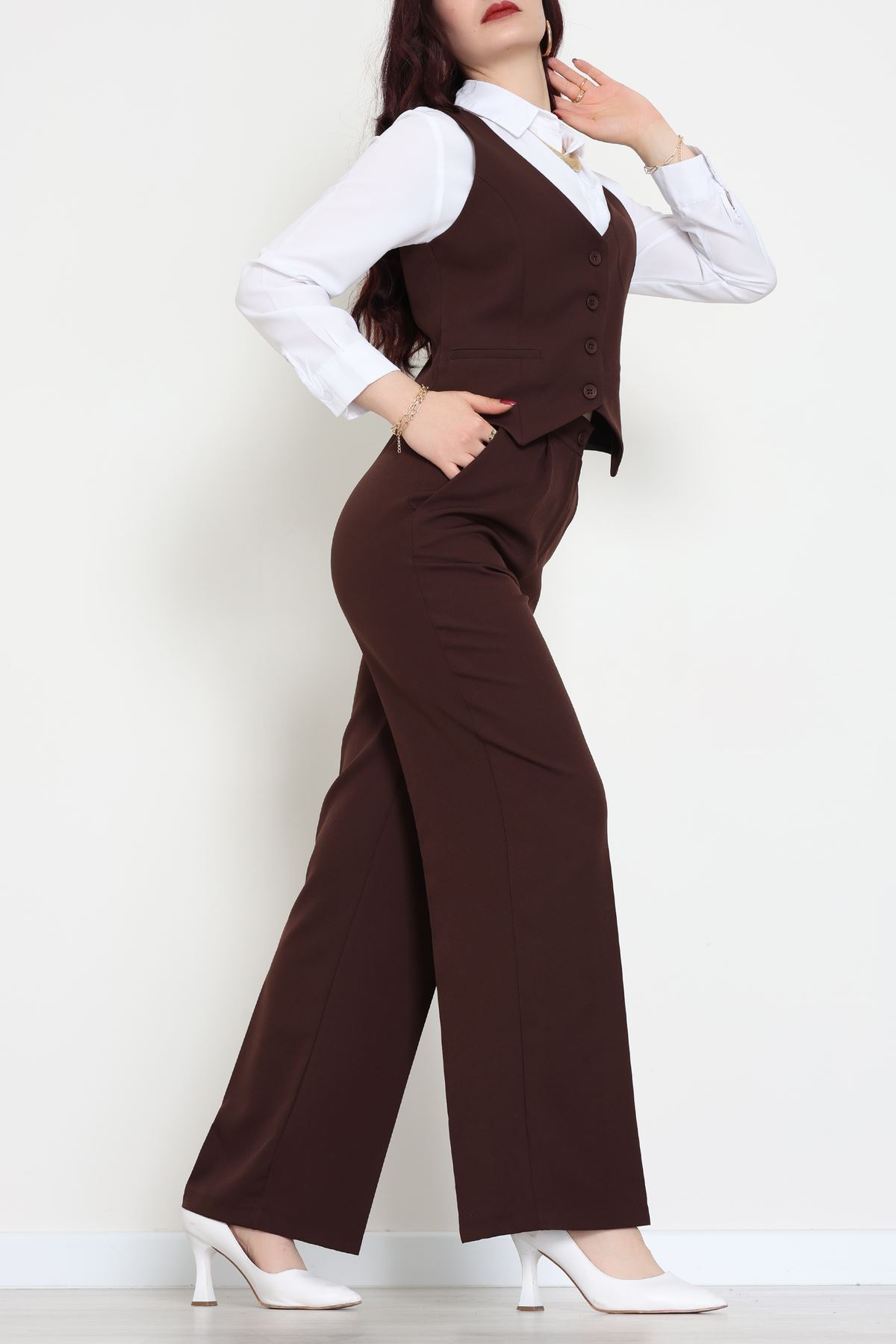 Dabıl Kumaş Fleto Cep Yelek Pantolon İkili Takım Kahve - 70878.1991.