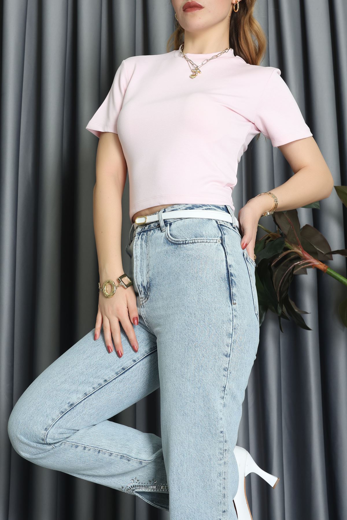 Lefon Modal Crop Tişört Pembe - 50643.444.