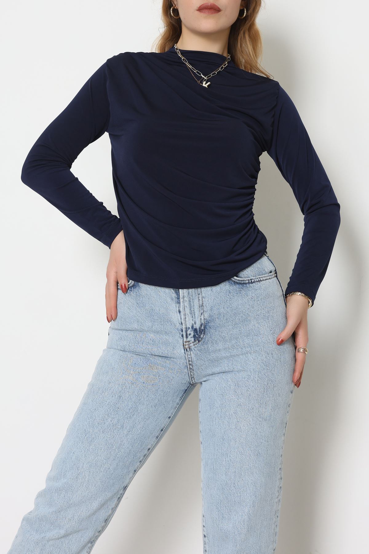 Drape Detay Sandy Bluz Lacivert - 70698.1949.