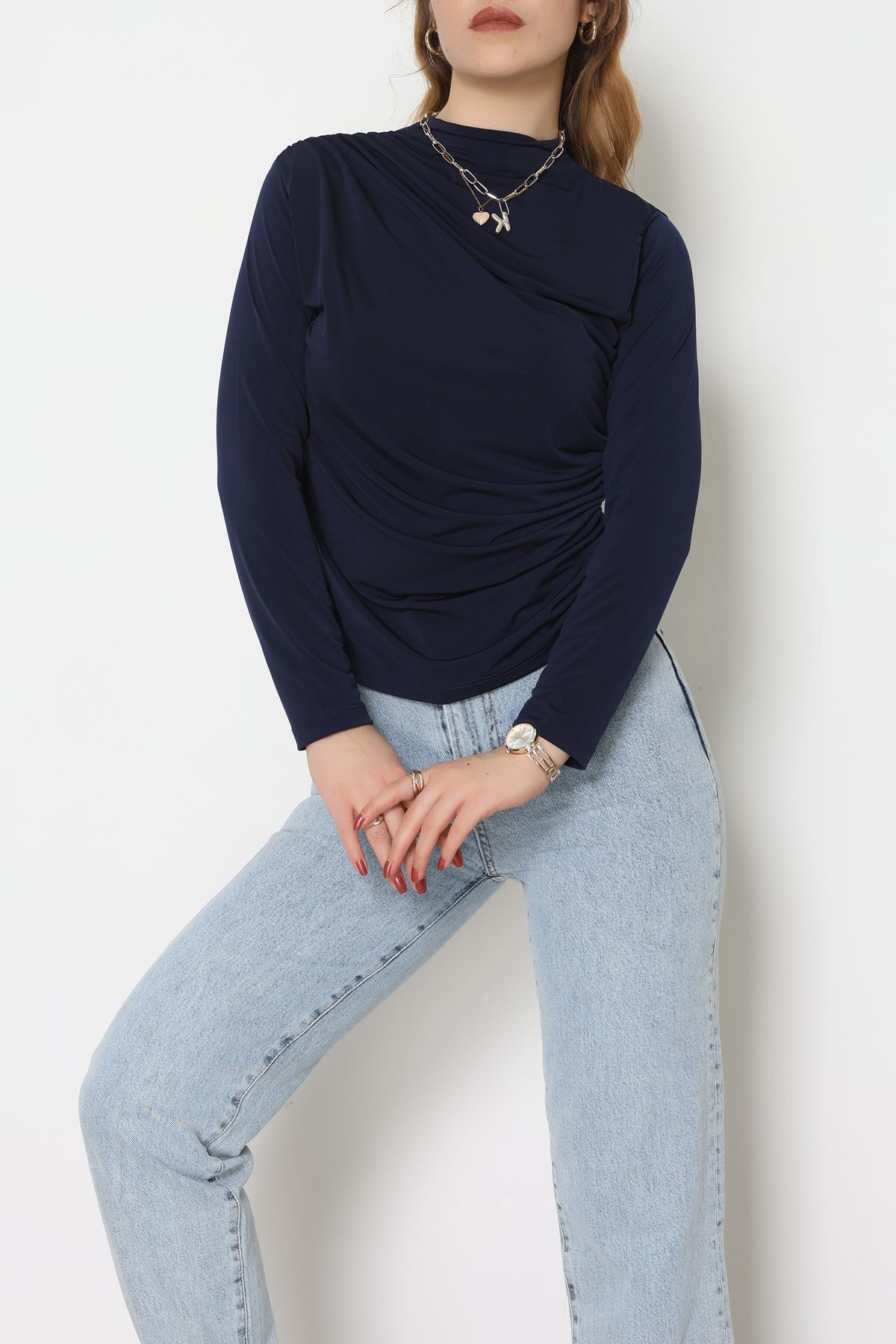 Drape Detay Sandy Bluz Lacivert - 70698.1949.