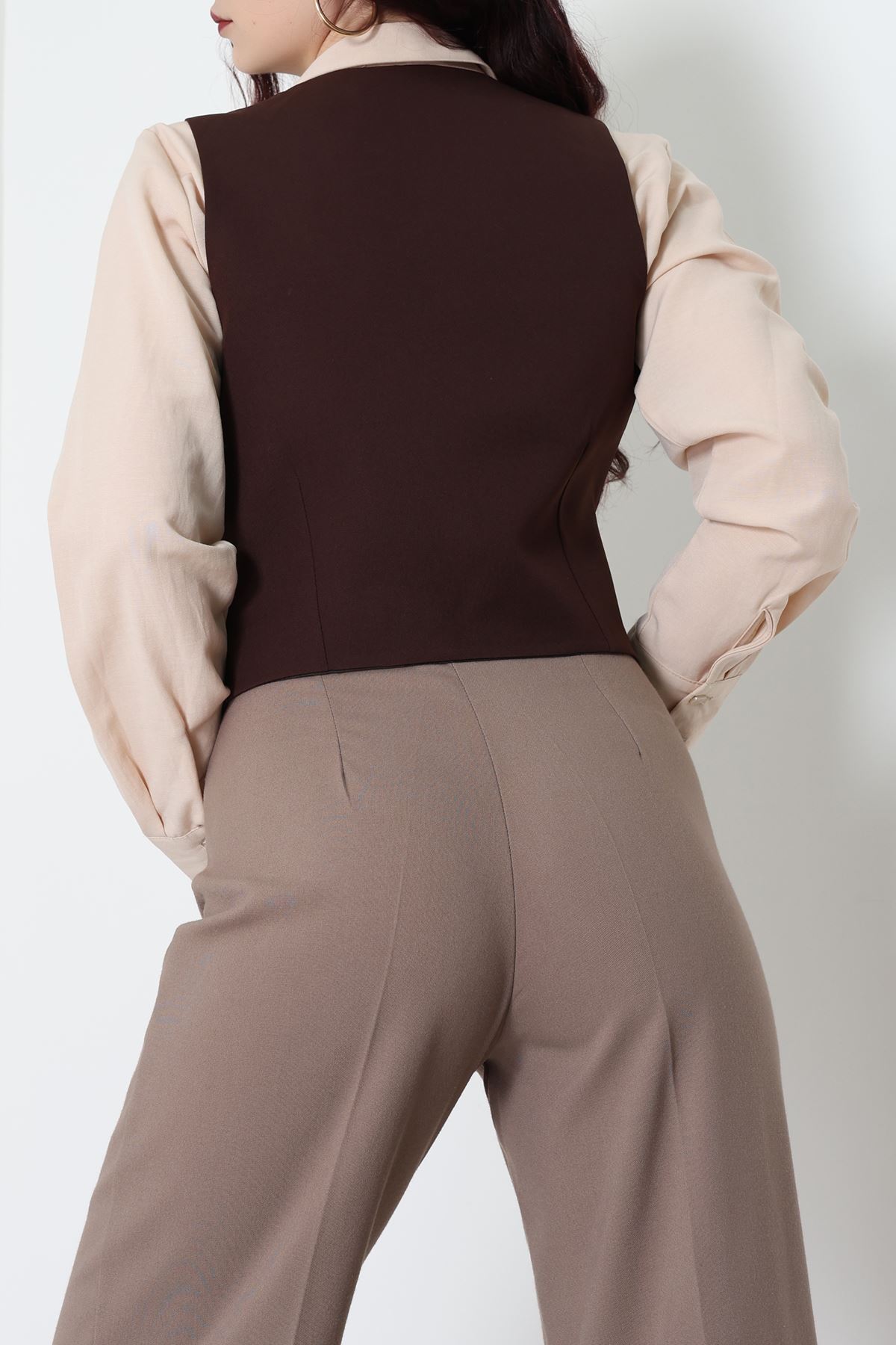 Dabıl Kumaş Fleto Cepli Astarlı Yelek Kahve - 51230.1991.