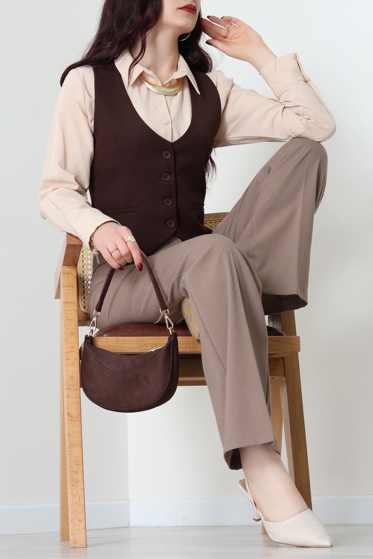 Dabıl Kumaş Fleto Cepli Astarlı Yelek Kahve - 51230.1991.