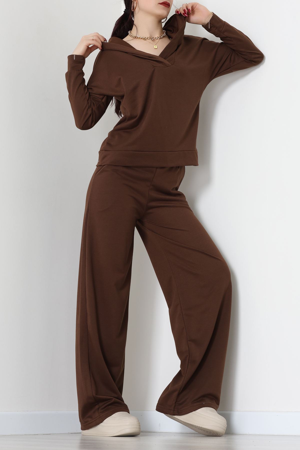Kruvaze Yaka Kapşonlu Takım Kahve - 30094.1857.