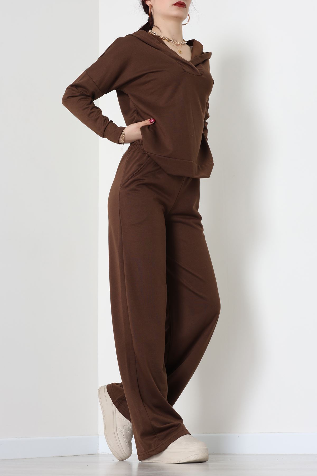 Kruvaze Yaka Kapşonlu Takım Kahve - 30094.1857.
