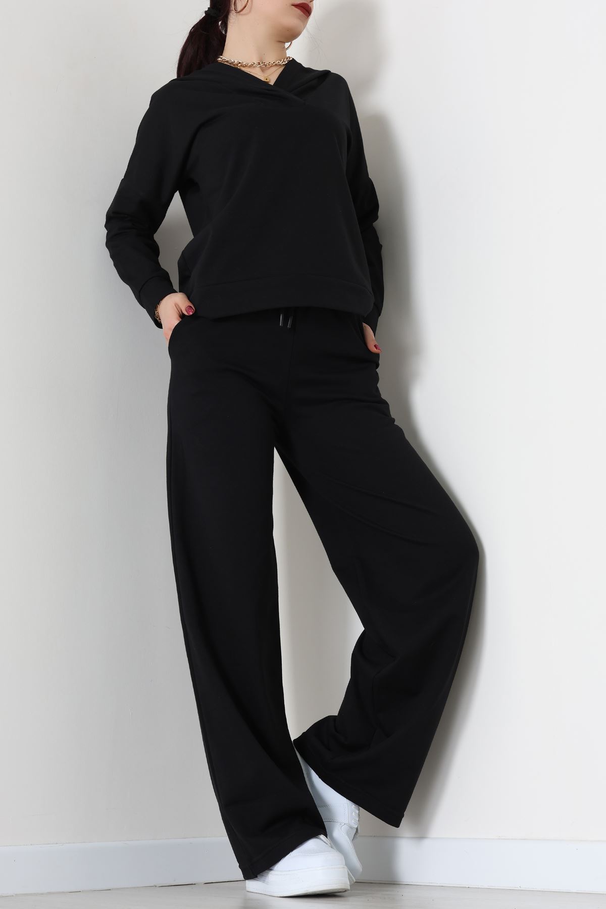 Kruvaze Yaka Kapşonlu Takım Siyah - 30094.1857.