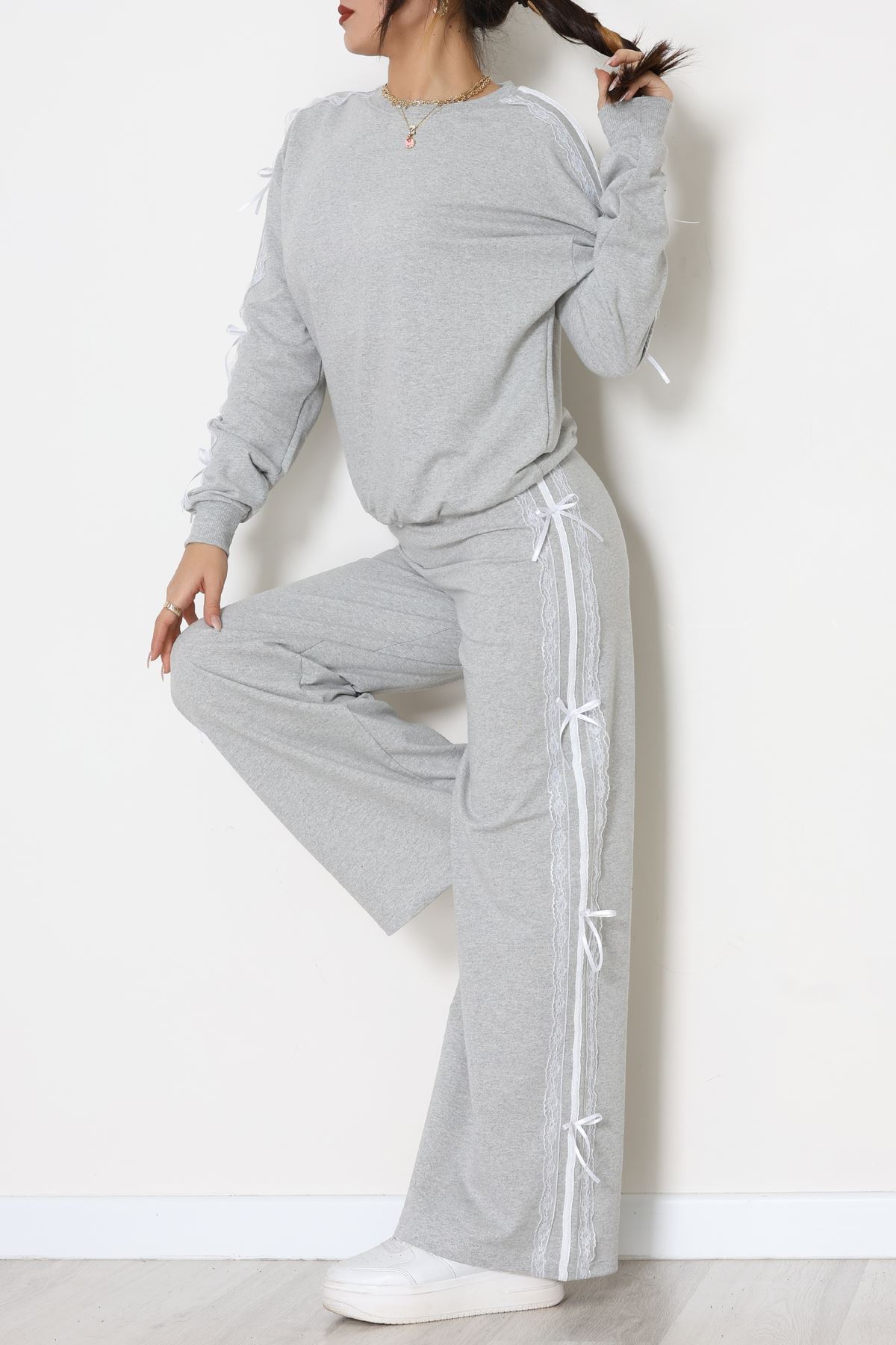 Dantel Şeritli 2 İplik Eşofman Takımı Gri - 50801.1857.