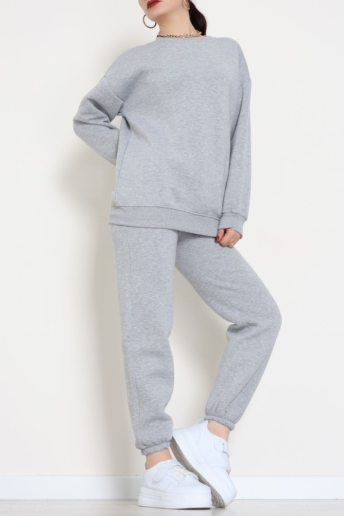 3 İplik Bisiklet Yaka Eşofman Takımı Gri - 20779.1878.