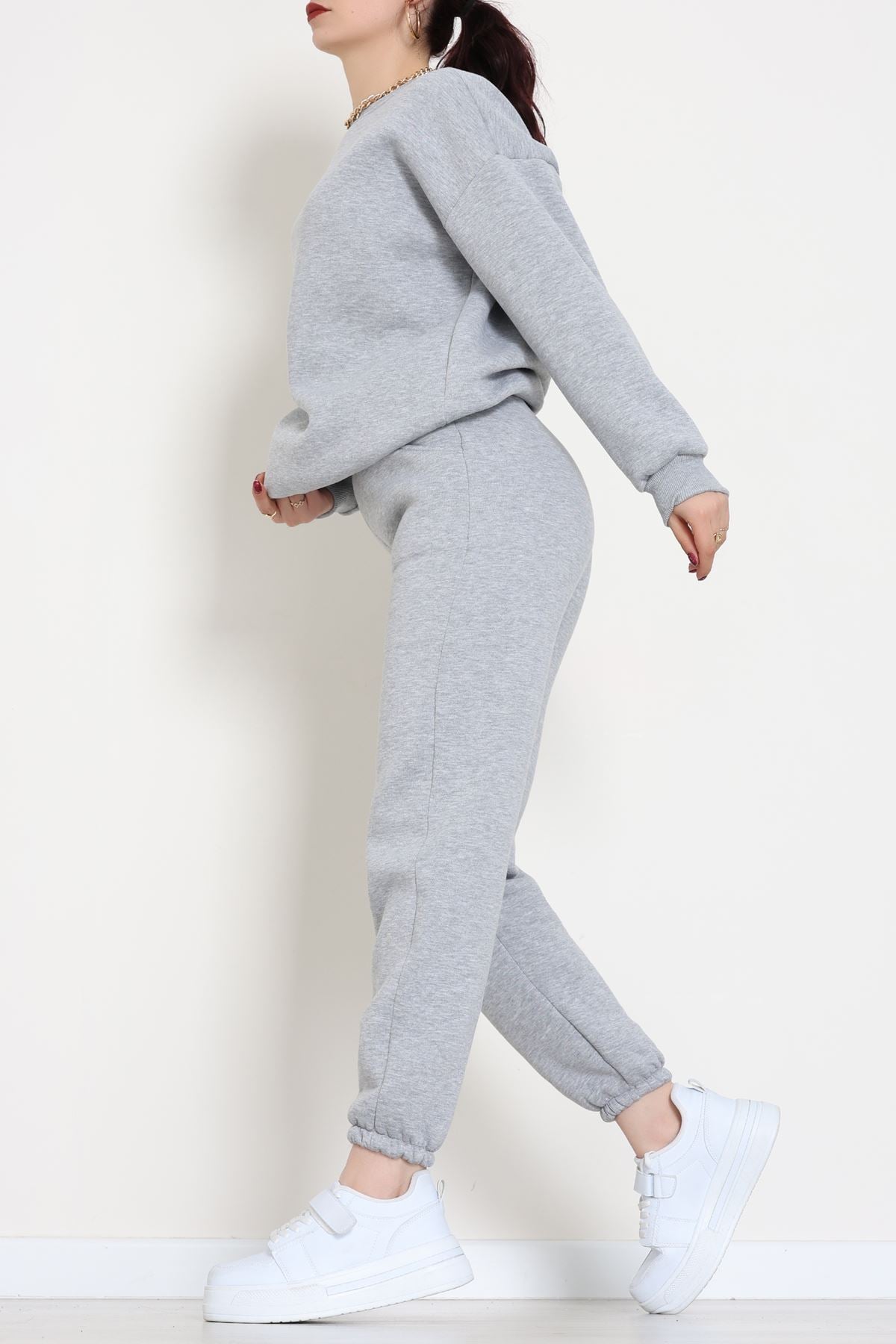 3 İplik Bisiklet Yaka Eşofman Takımı Gri - 20779.1878.